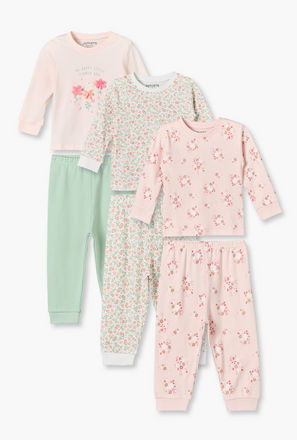 Pack of 3 Juniors Cotton Round Neck Long Sleeves Pyjama Set with Floral Print