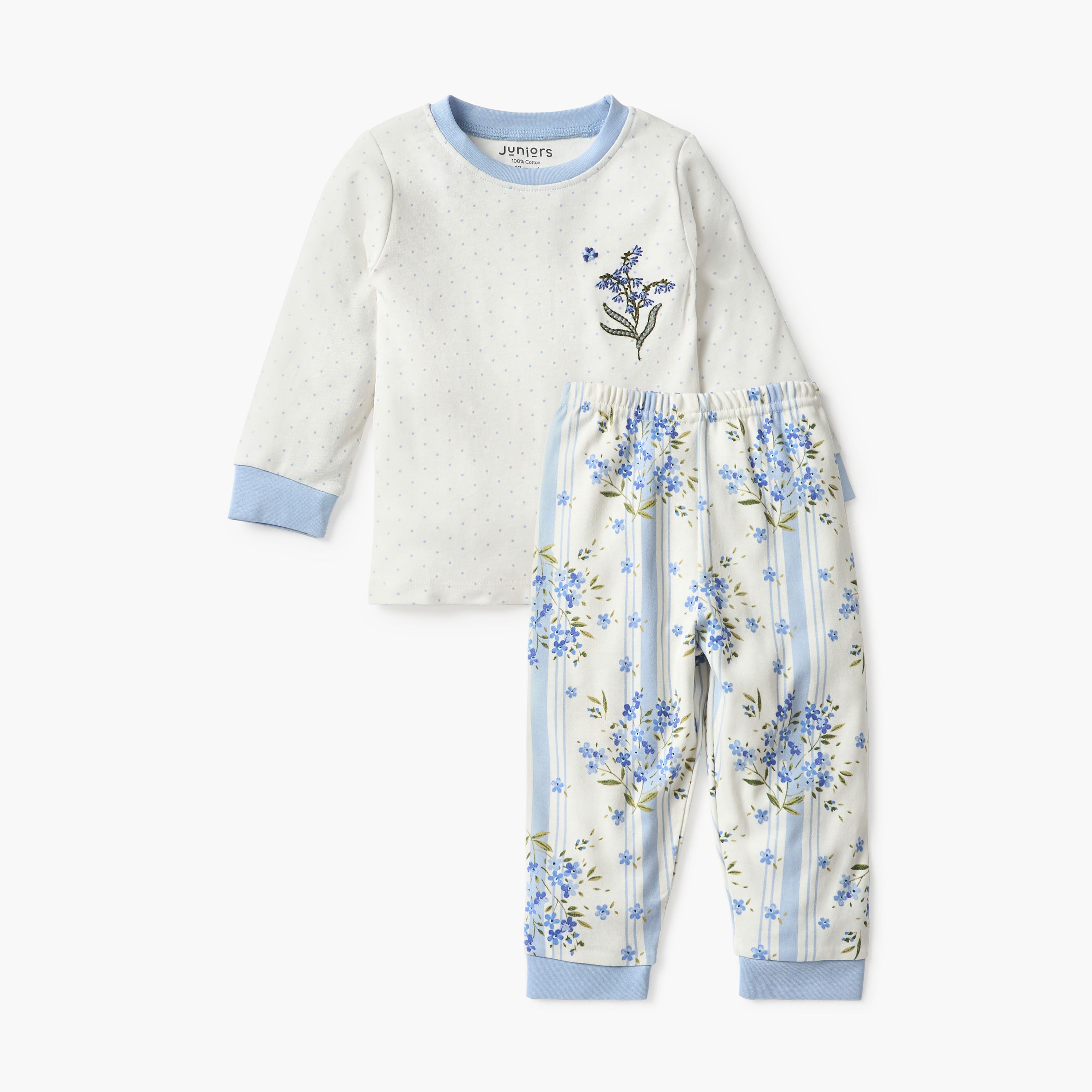 Juniors Floral Print T-shirt and Pyjama Set - White / 12-18 mths