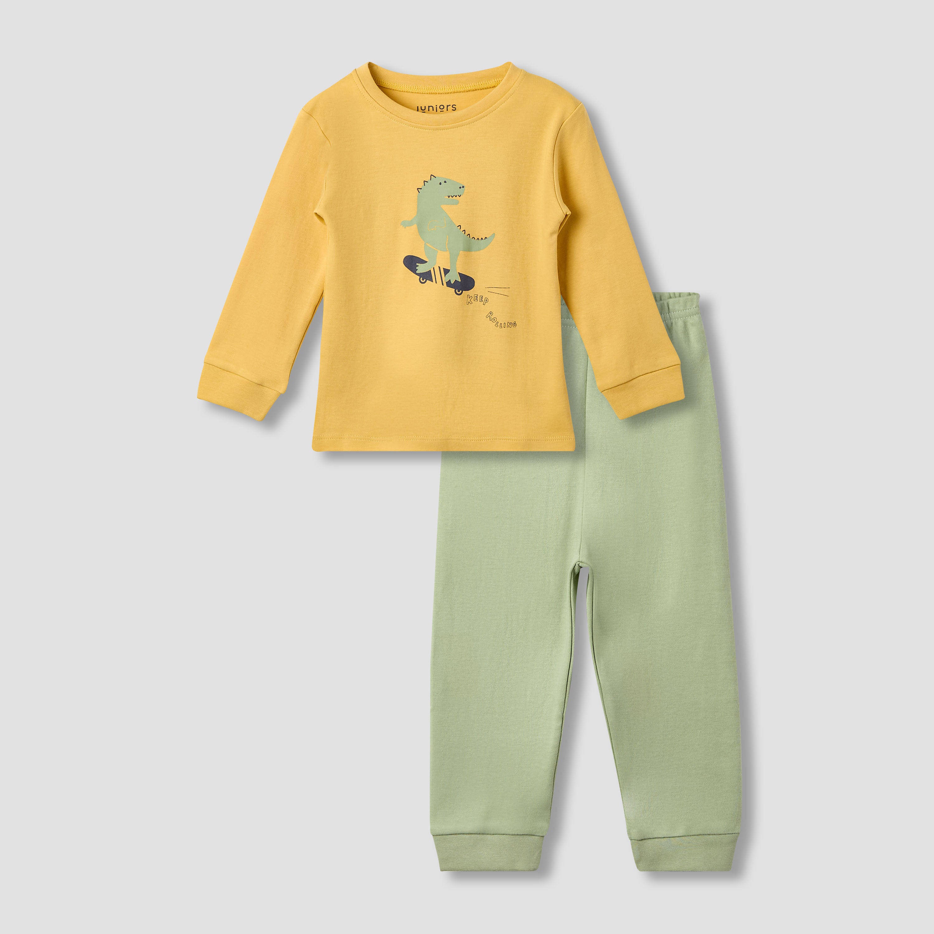 Juniors Cotton Round Neck Long Sleeves Pyjama Set with Graphic Print - Yellow / 12-18 mths