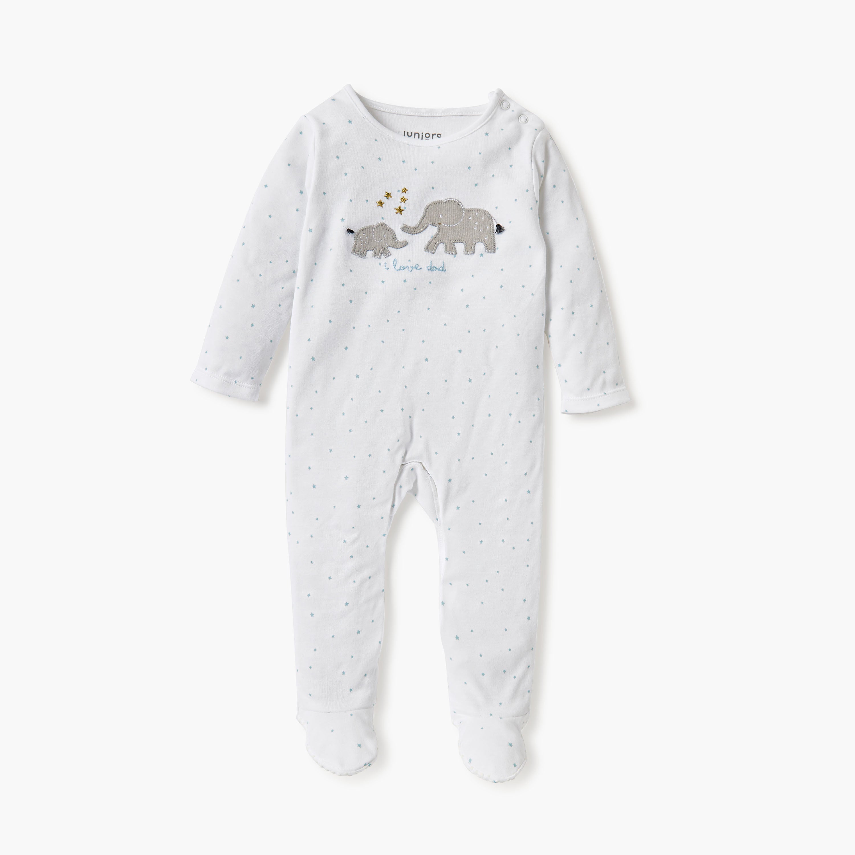 Juniors Elephant Applique Detail Closed Feet Sleepsuit with Long Sleeves - White / 12-18 mths