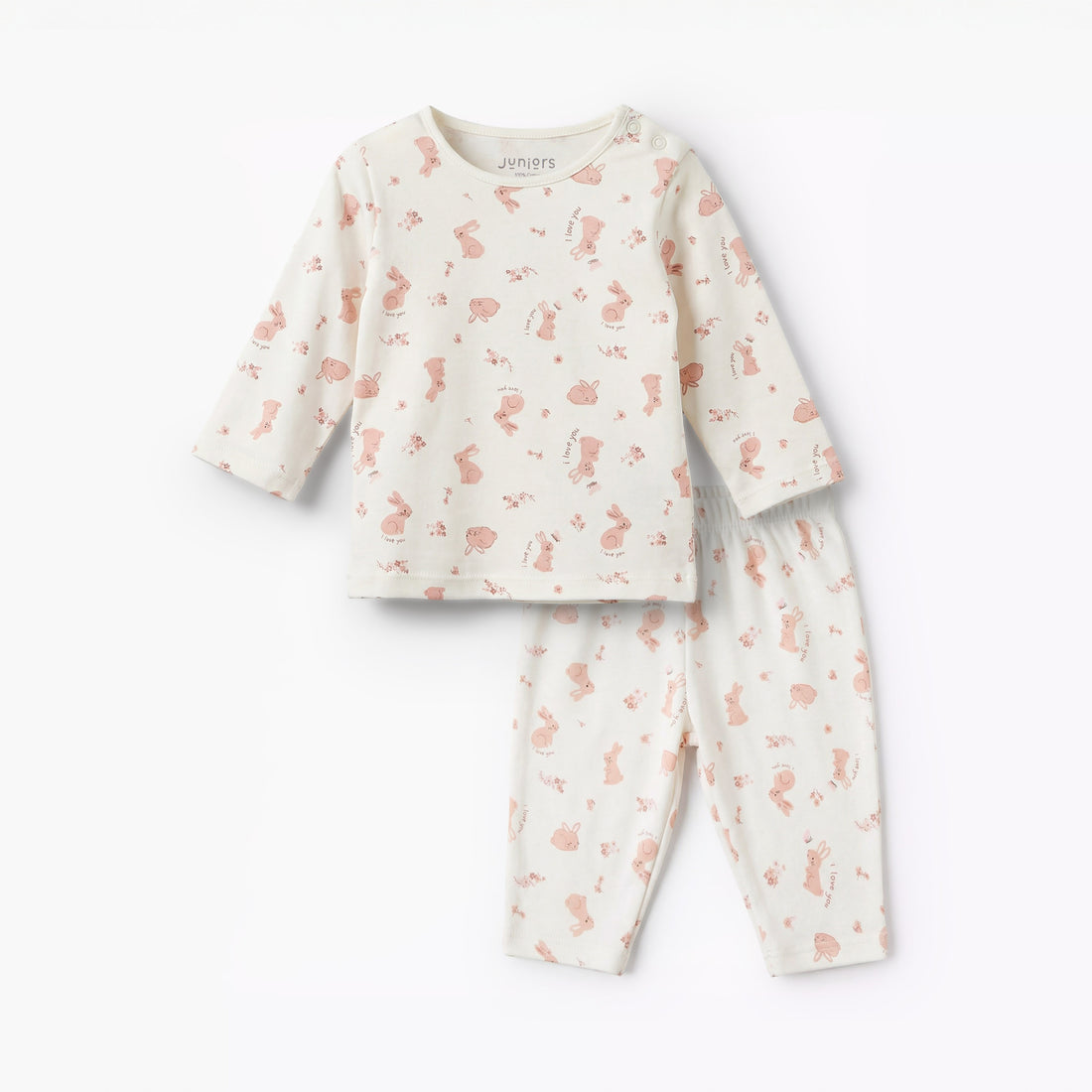 Juniors Cotton Round Neck Long Sleeves Pyjama Set with Bunny Print - White / 18-24 mths