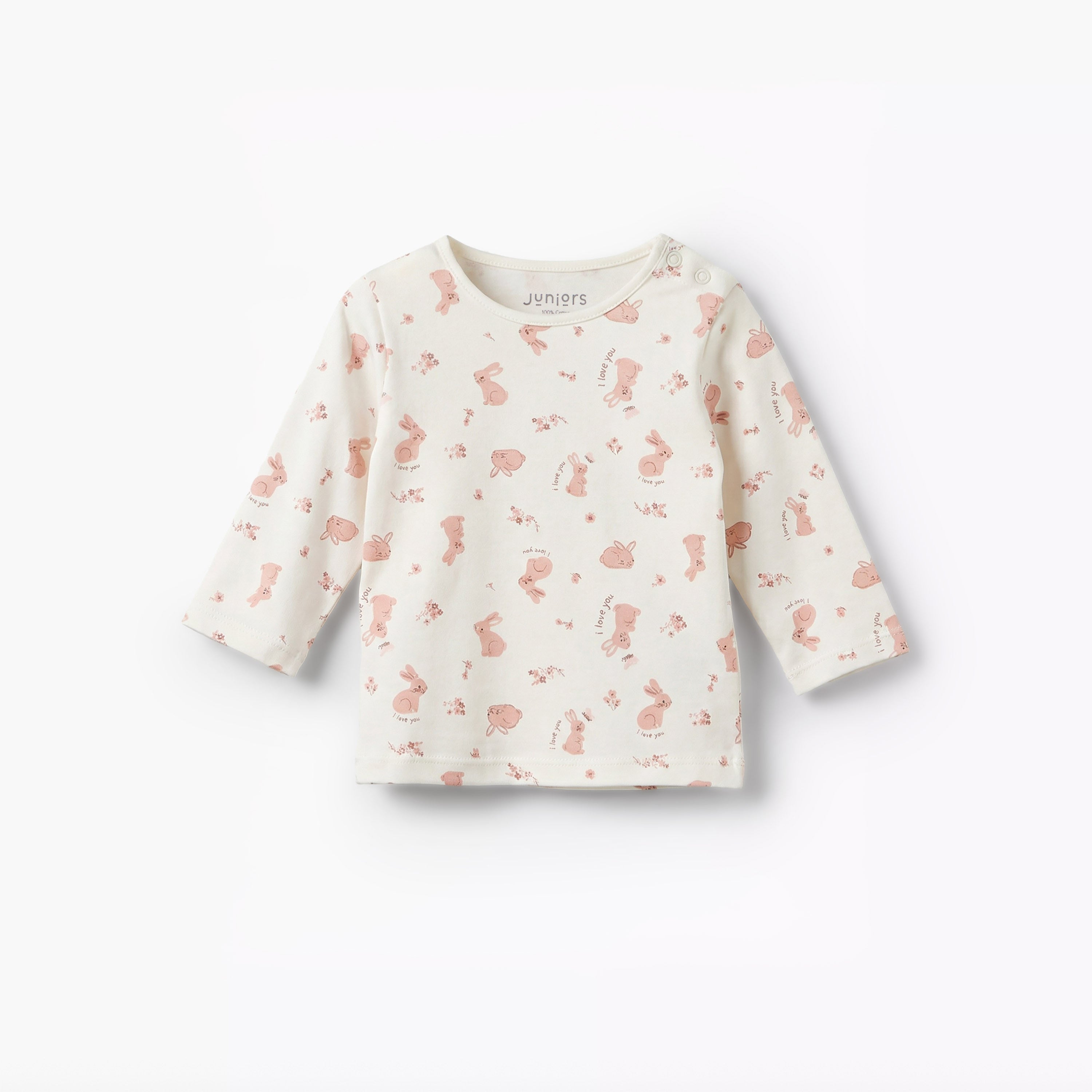 Juniors Cotton Round Neck Long Sleeves Pyjama Set with Bunny Print