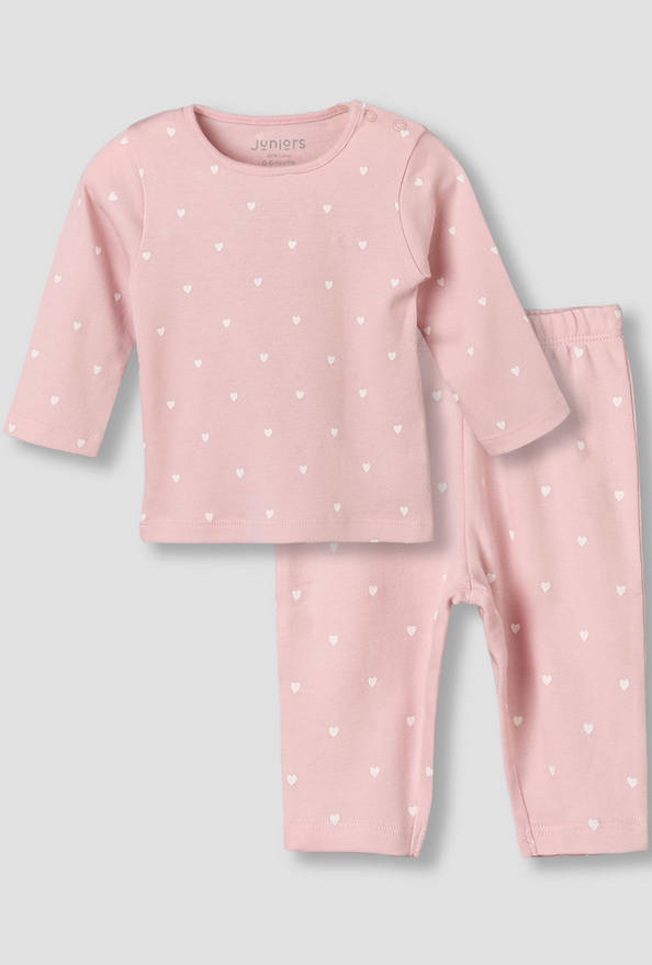 Juniors Cotton Round Neck Long Sleeves Pyjama Set with Heart Print