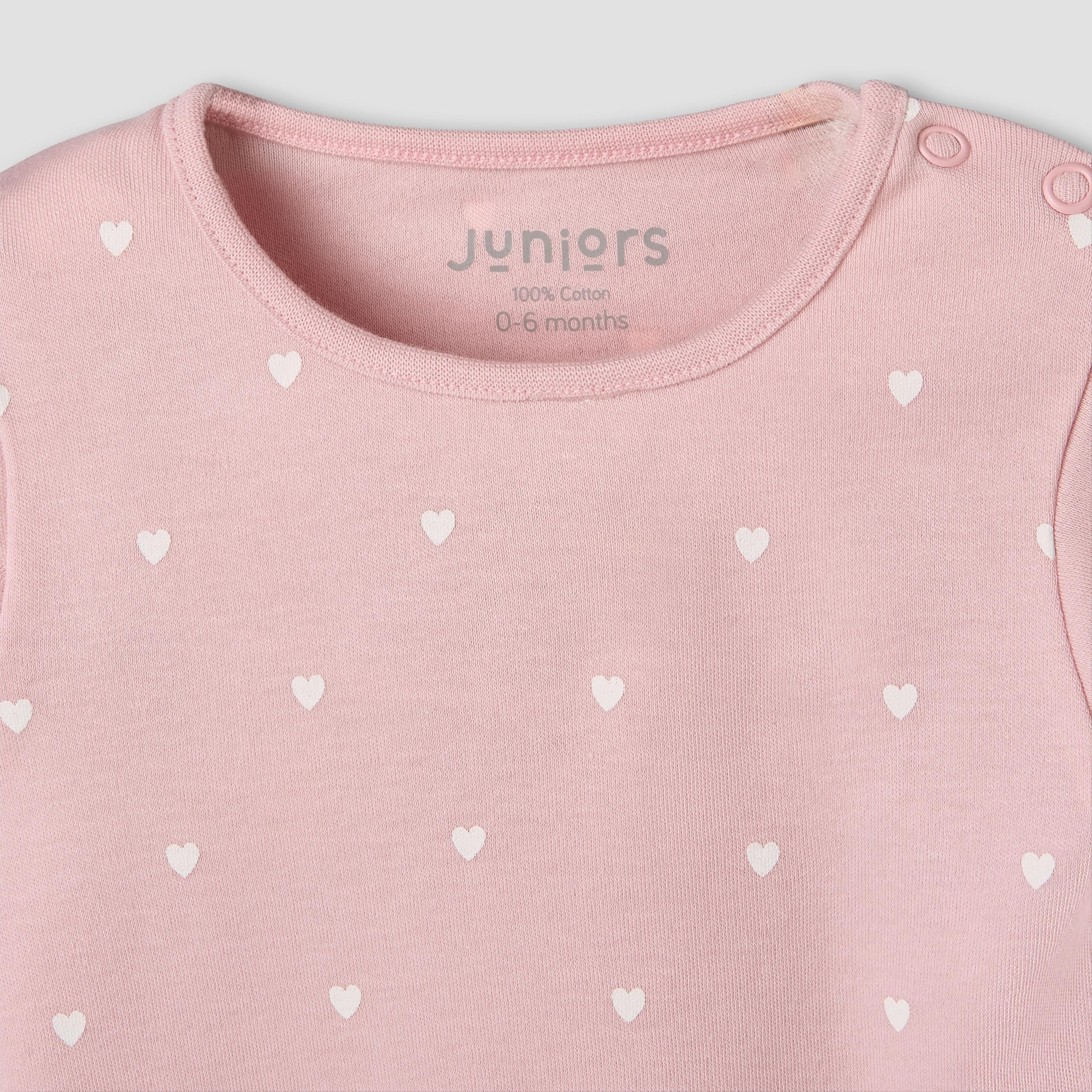 Juniors Cotton Round Neck Long Sleeves Pyjama Set with Heart Print