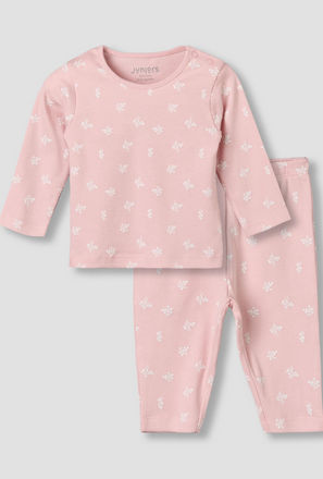 Juniors Cotton Round Neck Long Sleeves Pyjama Set with Floral Print