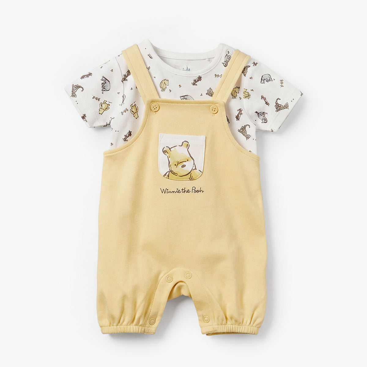 Disney Round Neck Short Sleeves T-shirt and Dungaree Set with Winnie the Pooh Print