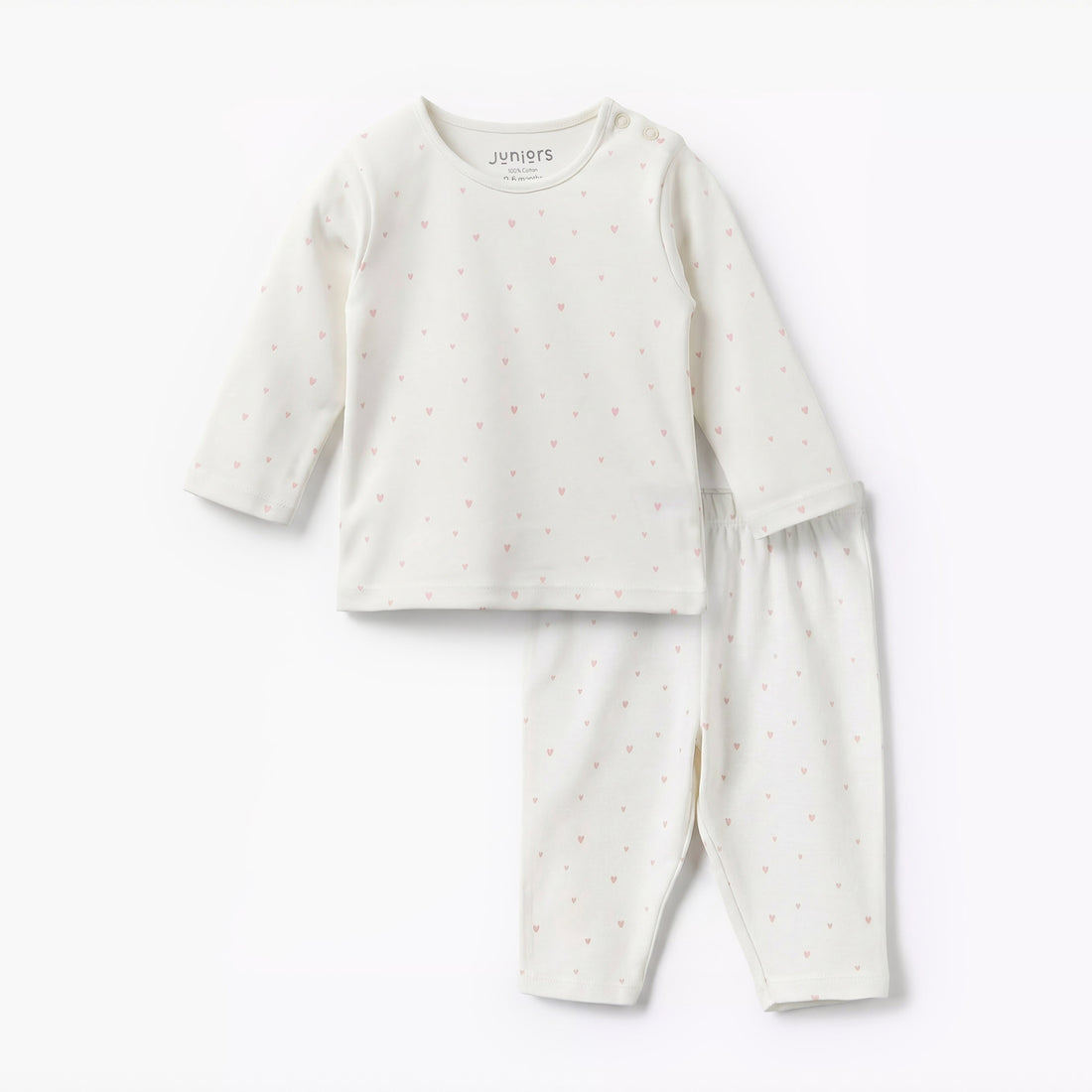 Juniors Cotton Round Neck Long Sleeves Pyjama Set with Heart Print - White / 18-24 mths