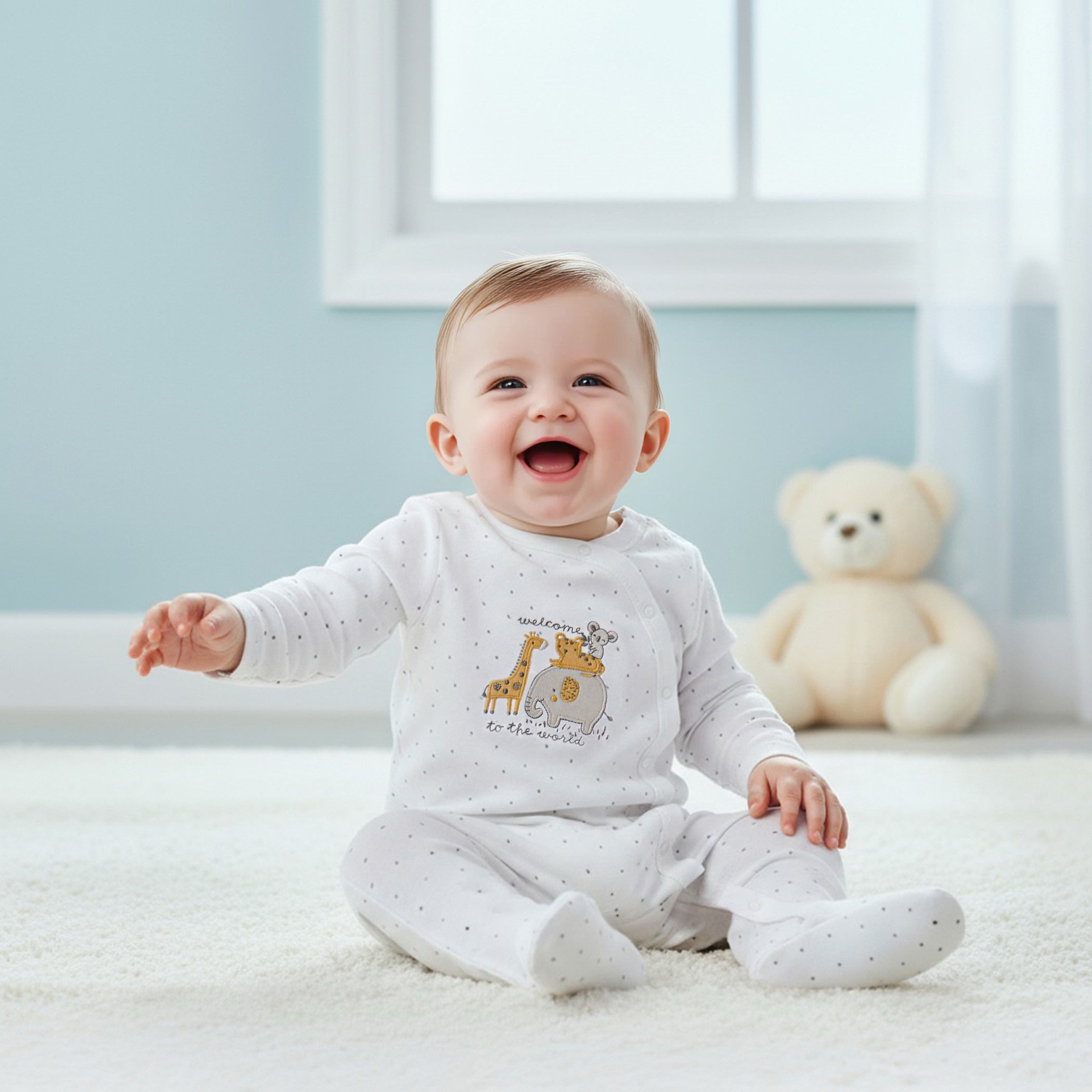 Juniors Embroidered Closed Feet Sleepsuit with Long Sleeves - White / 12-18 mths