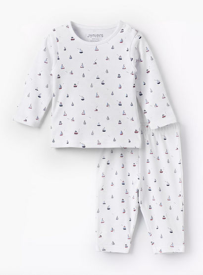 Juniors Cotton Round Neck Long Sleeves Pyjama Set with Boat Print-baby-boys-clothing-nightwear-pyjamasets-image-1