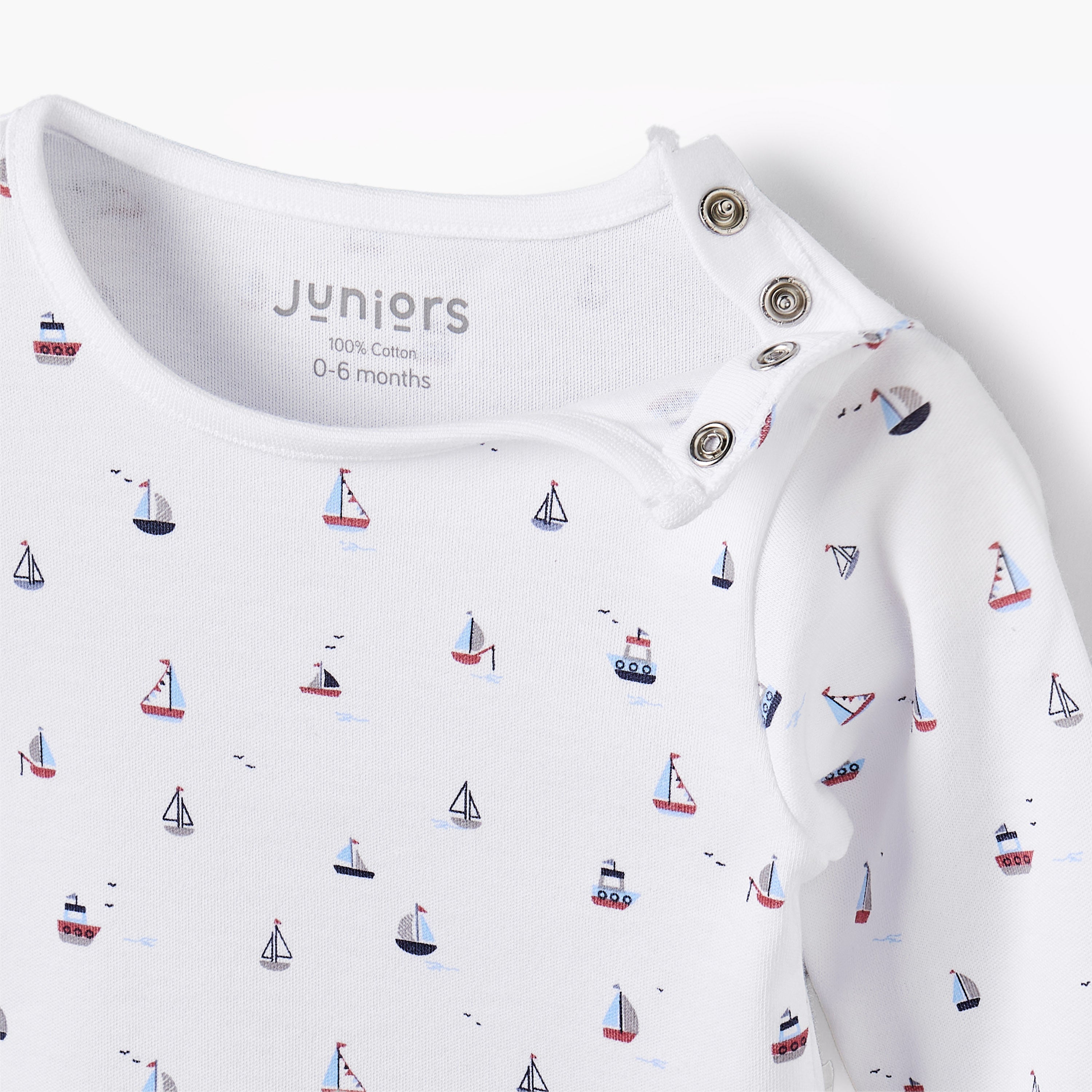 Juniors Cotton Round Neck Long Sleeves Pyjama Set with Boat Print