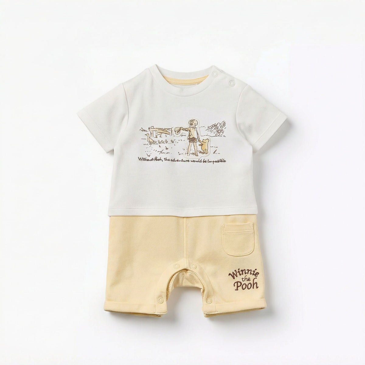 Disney Crew Neck Short Sleeves Romper with Winnie the Pooh Applique