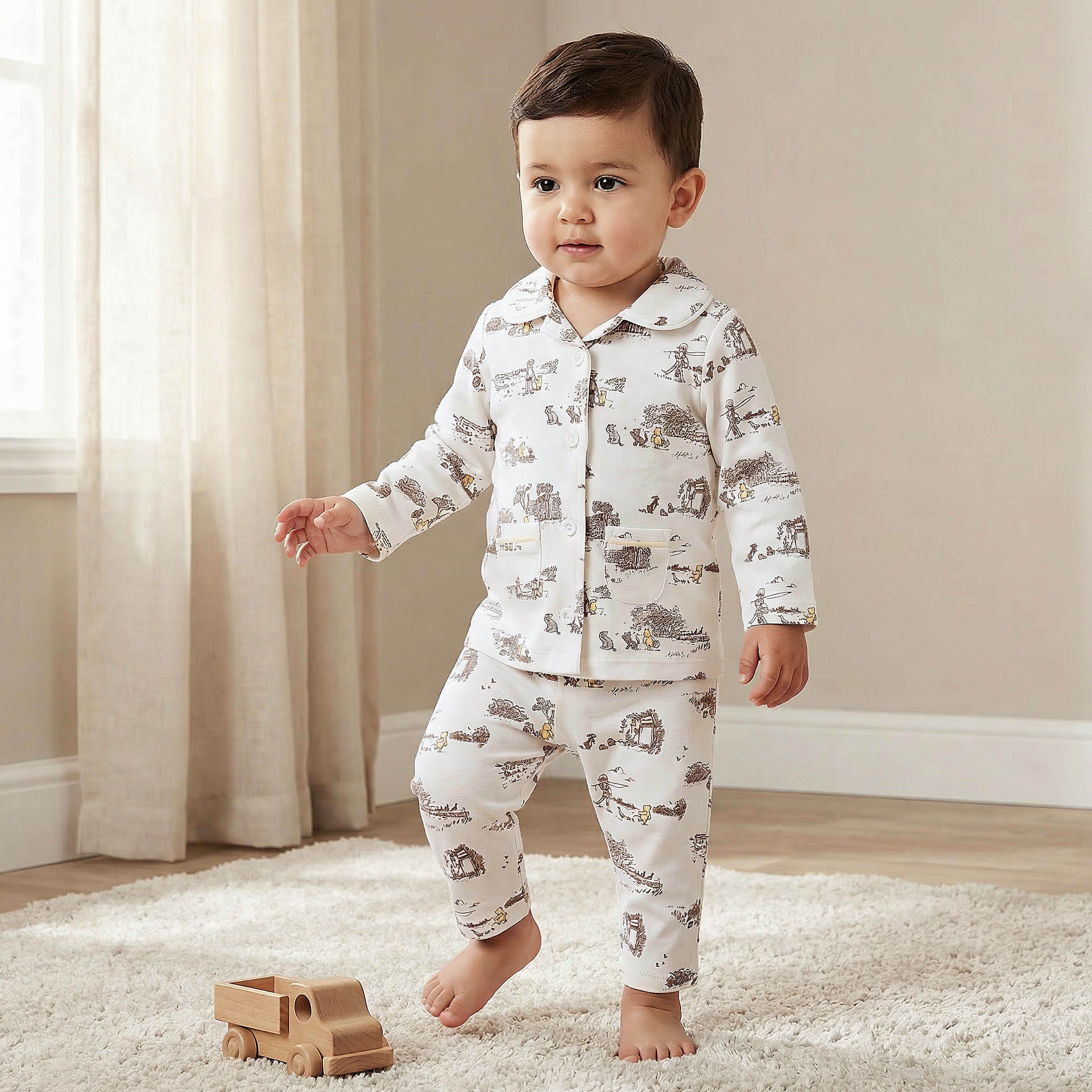 Disney Cotton Collared Long Sleeves Pyjama Set with Winnie the Pooh Print - Cream / 12-18 mths