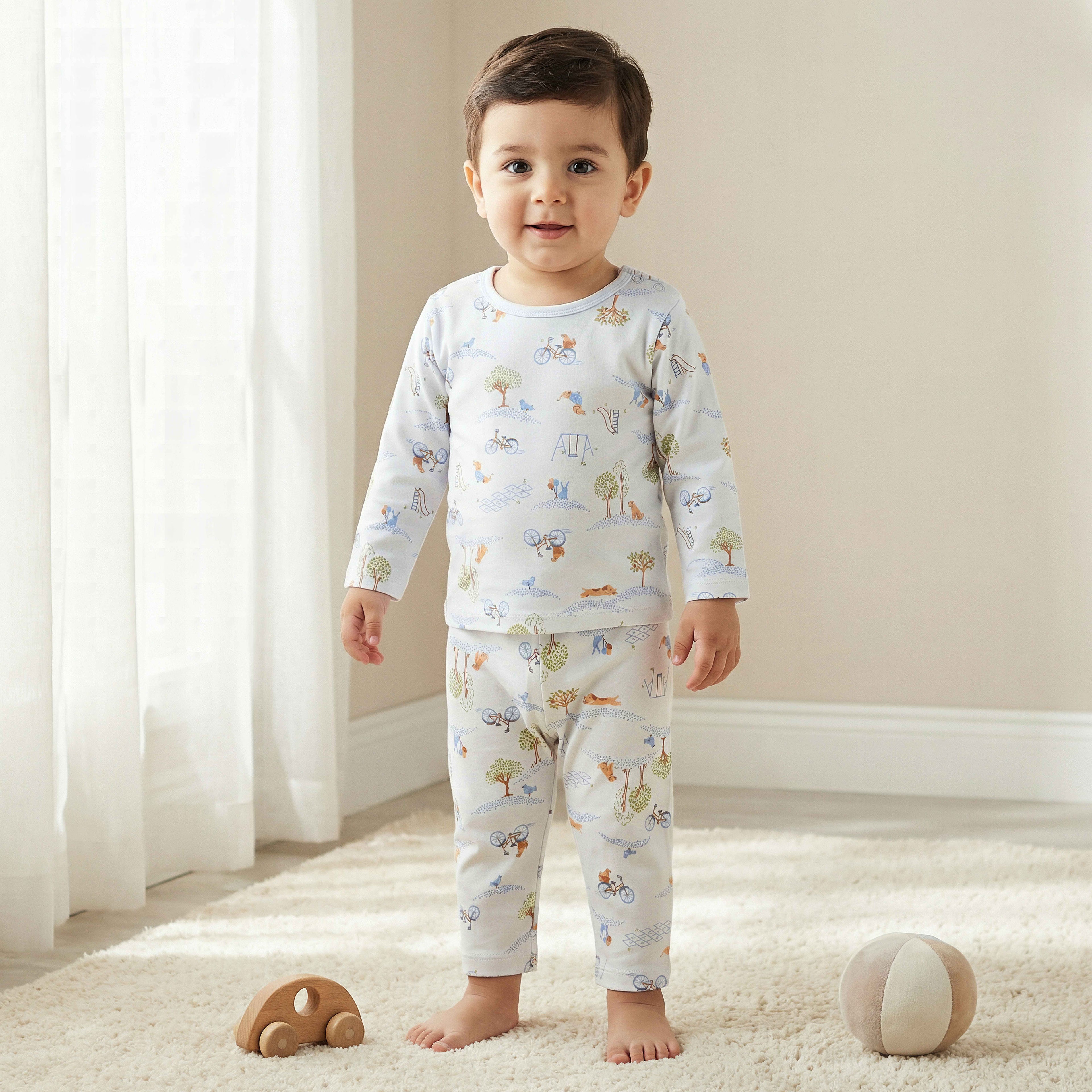 Juniors Cotton Long Sleeves Pyjama Set with Park Print - Blue / 18-24 mths