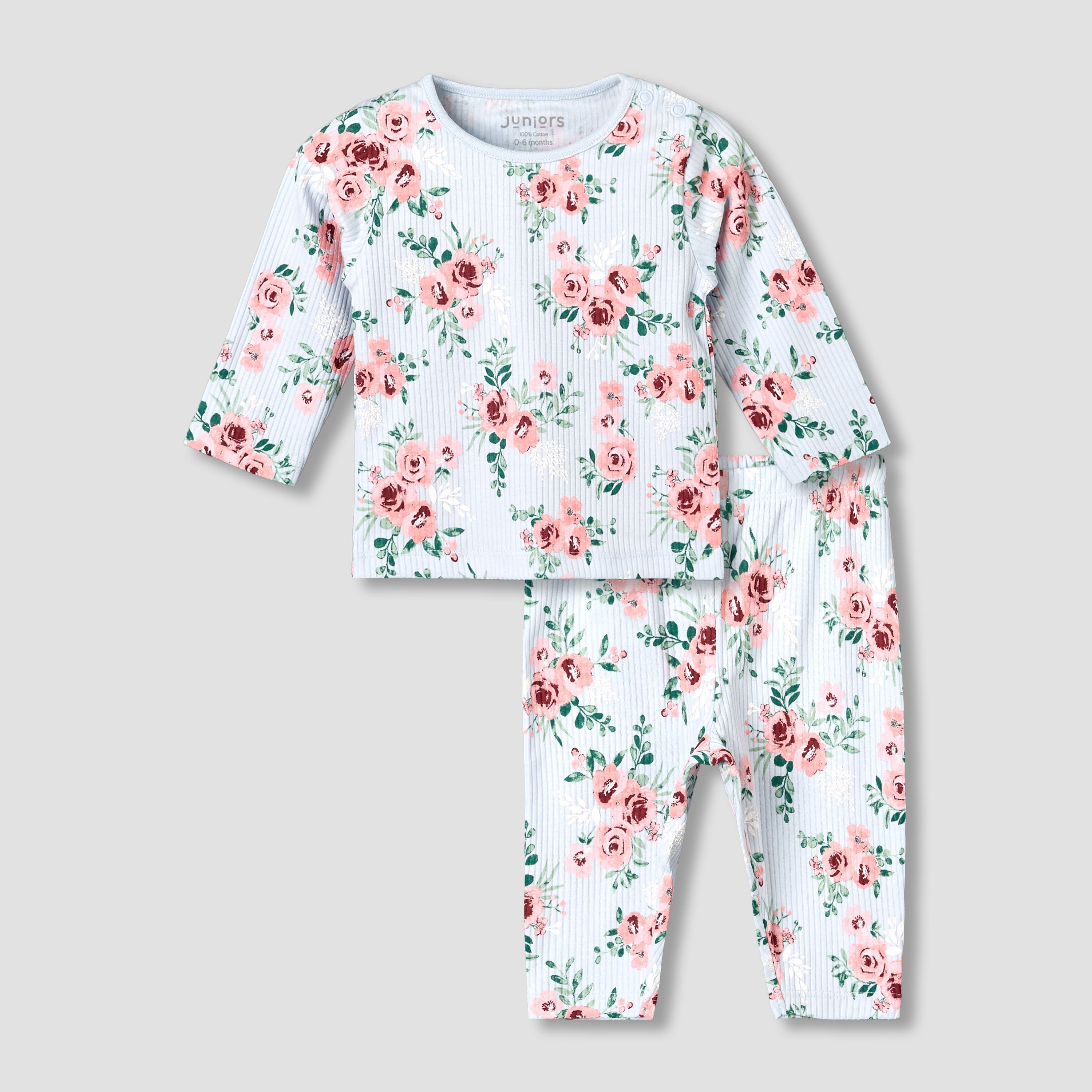 Juniors Cotton Long Sleeves Pyjama Set with Floral Print - Blue / 12-18 mths