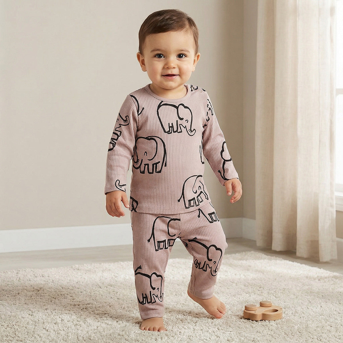 Juniors Cotton Round Neck Long Sleeve Pyjama Set with Elephant Print