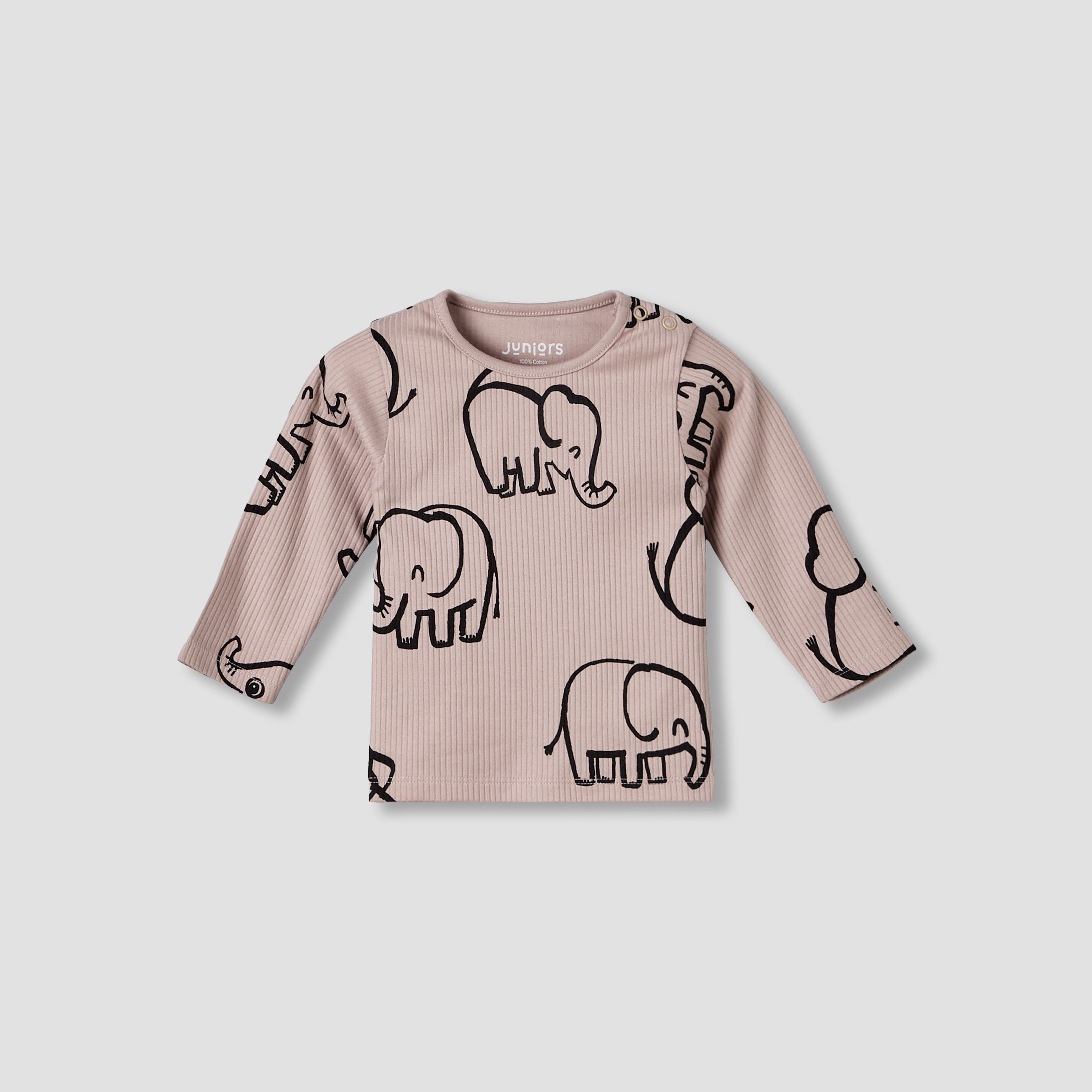 Juniors Cotton Round Neck Long Sleeve Pyjama Set with Elephant Print