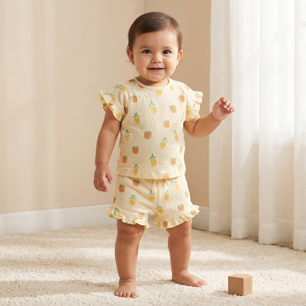 Juniors Crew Neck Short Sleeves Top and Shorts Set with Fruit Print - Yellow / 12-18 mths