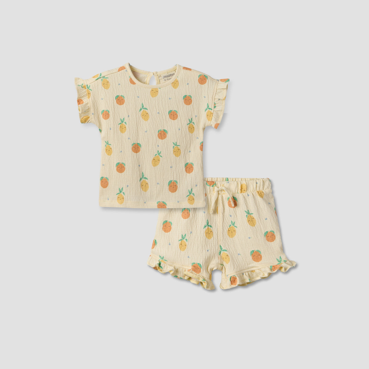 Juniors Crew Neck Short Sleeves Top and Shorts Set with Fruit Print