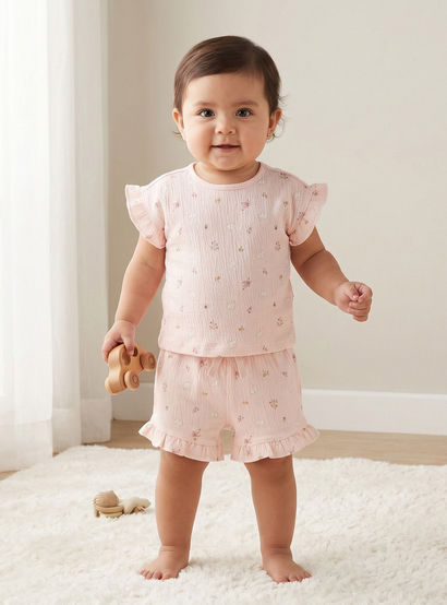 Juniors Crew Neck Short Sleeves Top and Shorts Set with Floral Print-baby-girls-clothing-setsandcoords-image-1