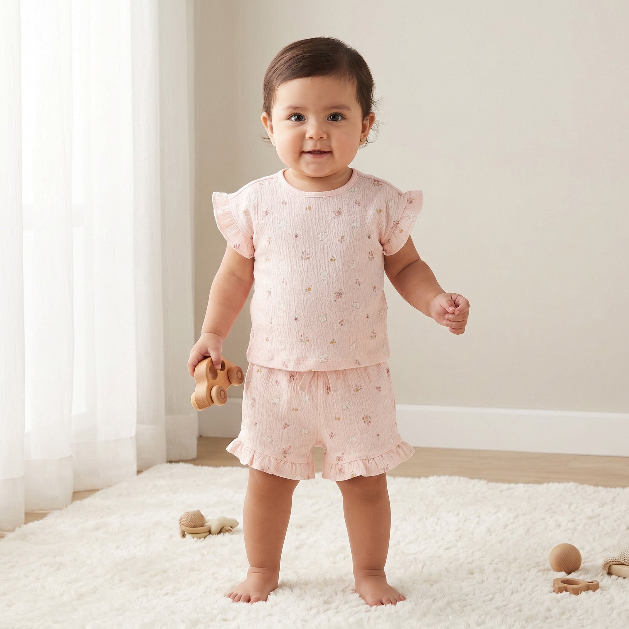 Juniors Crew Neck Short Sleeves Top and Shorts Set with Floral Print - Pink / 12-18 mths