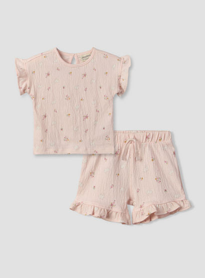 Juniors Crew Neck Short Sleeves Top and Shorts Set with Floral Print-baby-girls-clothing-setsandcoords-image-2