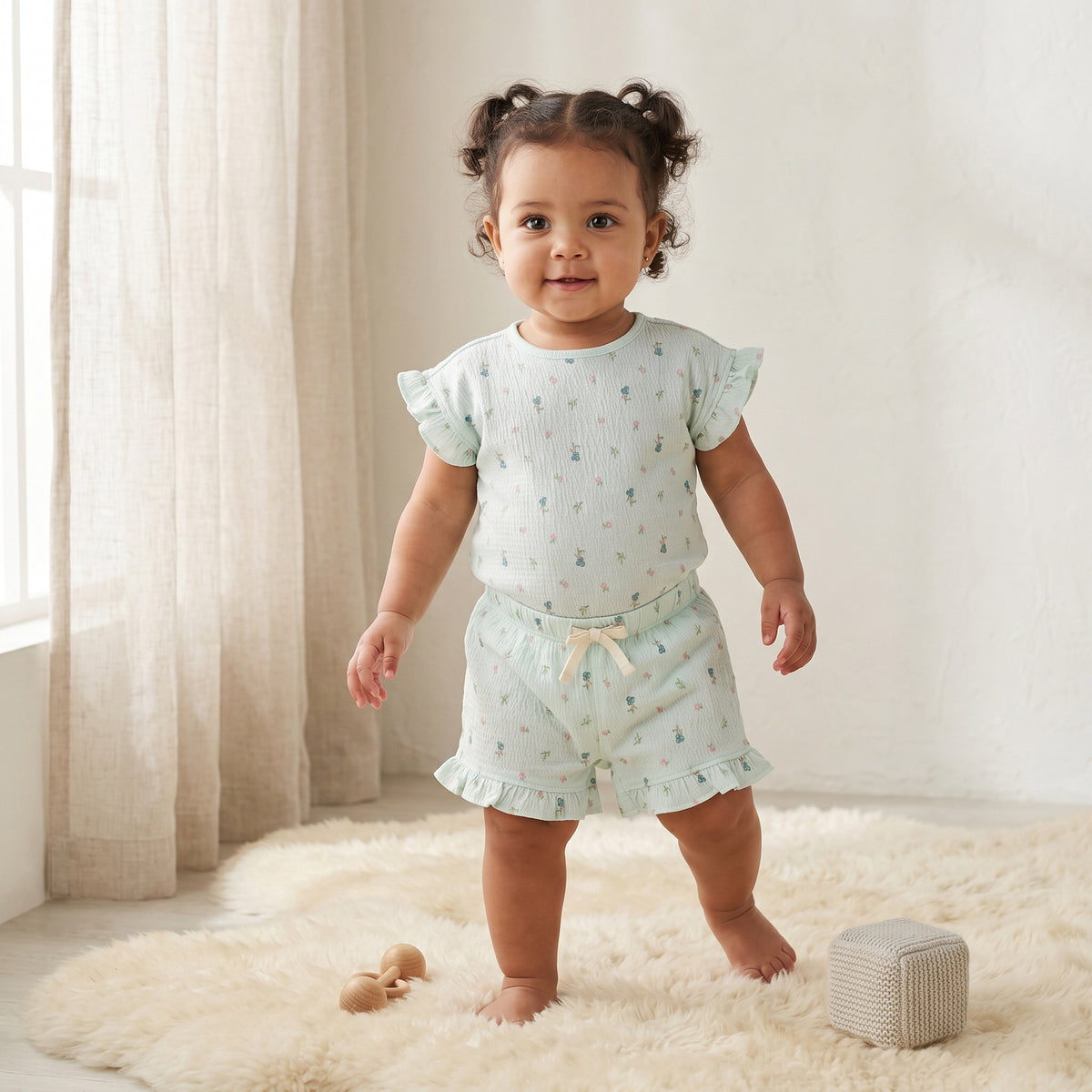 Juniors Crew Neck Short Sleeves Top and Shorts Set with Floral Print - Green / 12-18 mths