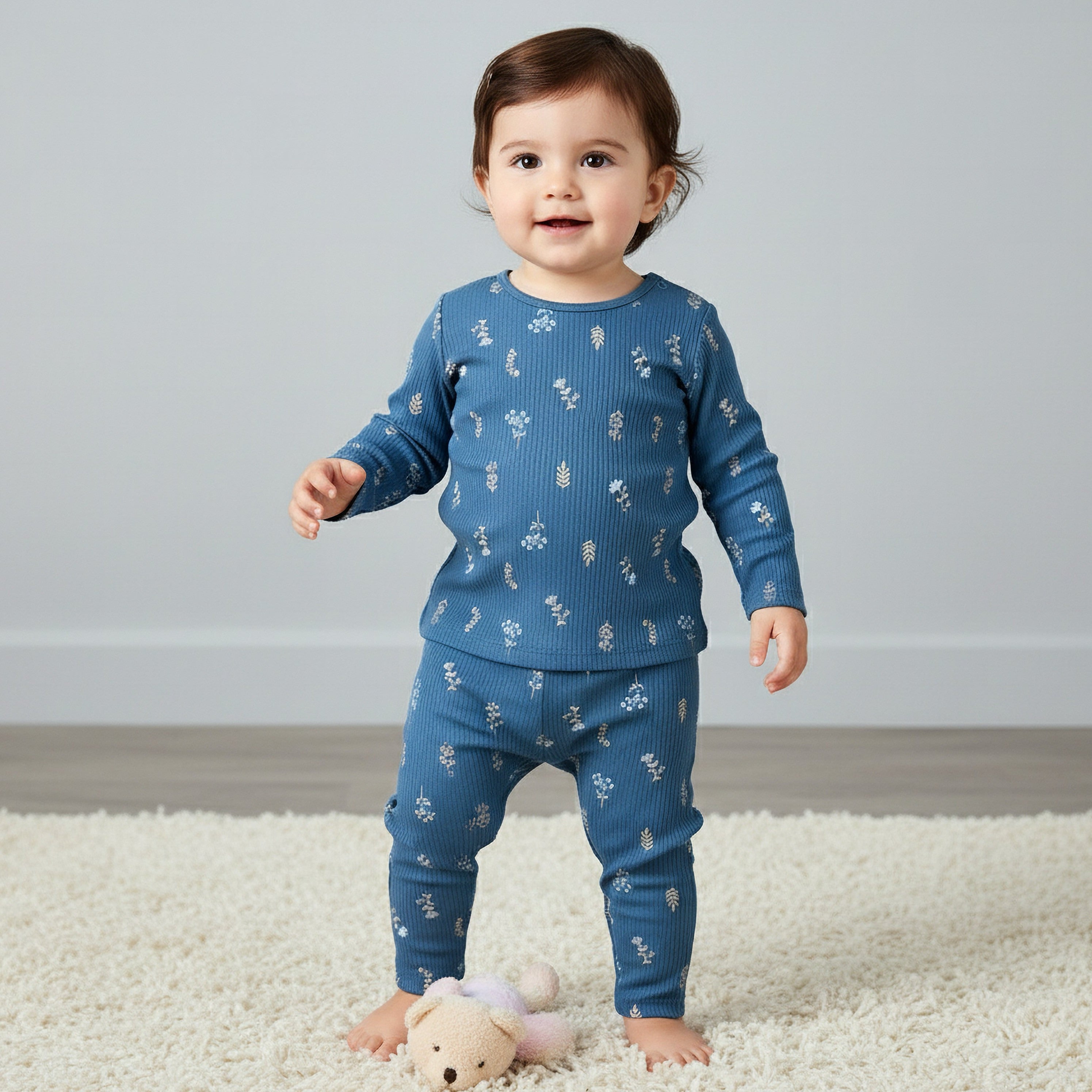 Juniors Cotton Round Neck Long Sleeves Pyjama Set with Floral Print