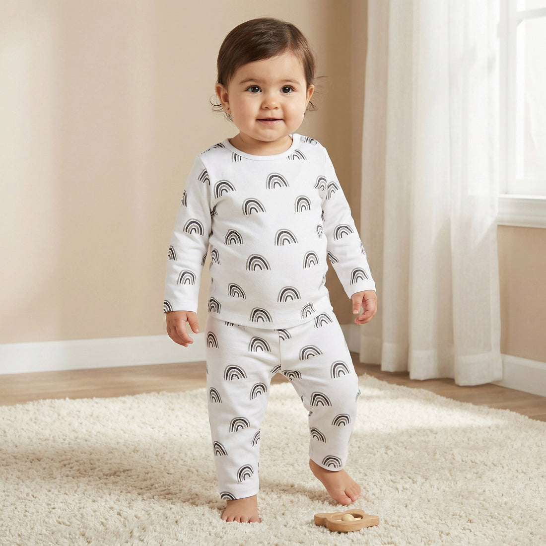 Juniors Rainbow Print T-shirt and Pyjama Set - White / 12-18 mths