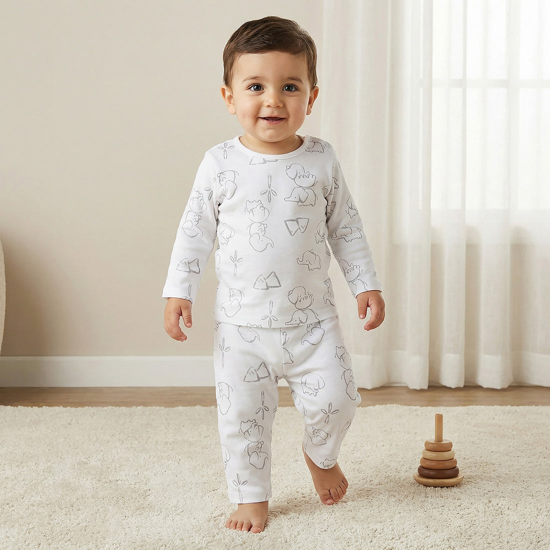 Juniors Elephant Print T-shirt and Pyjama Set - White / 18-24 mths