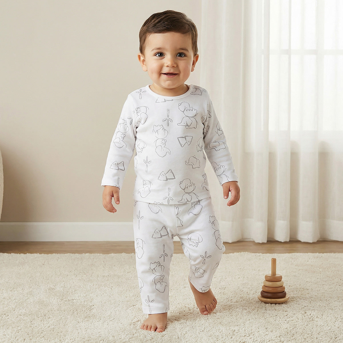Juniors Elephant Print T-shirt and Pyjama Set - White / 18-24 mths
