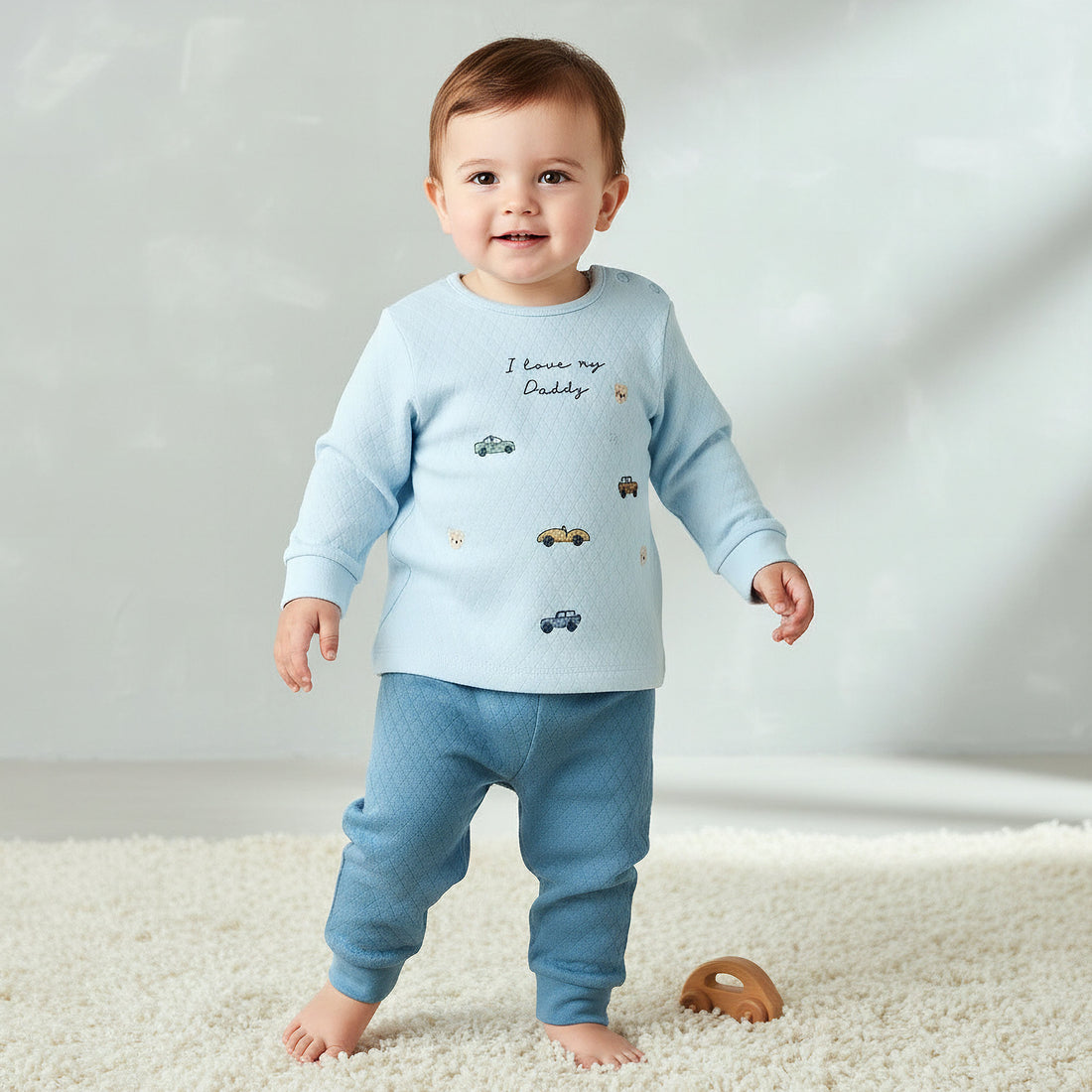 Juniors Cotton Crew Neck Long Sleeves Pyjama Set with Car Embroidery - Blue / 18-24 mths