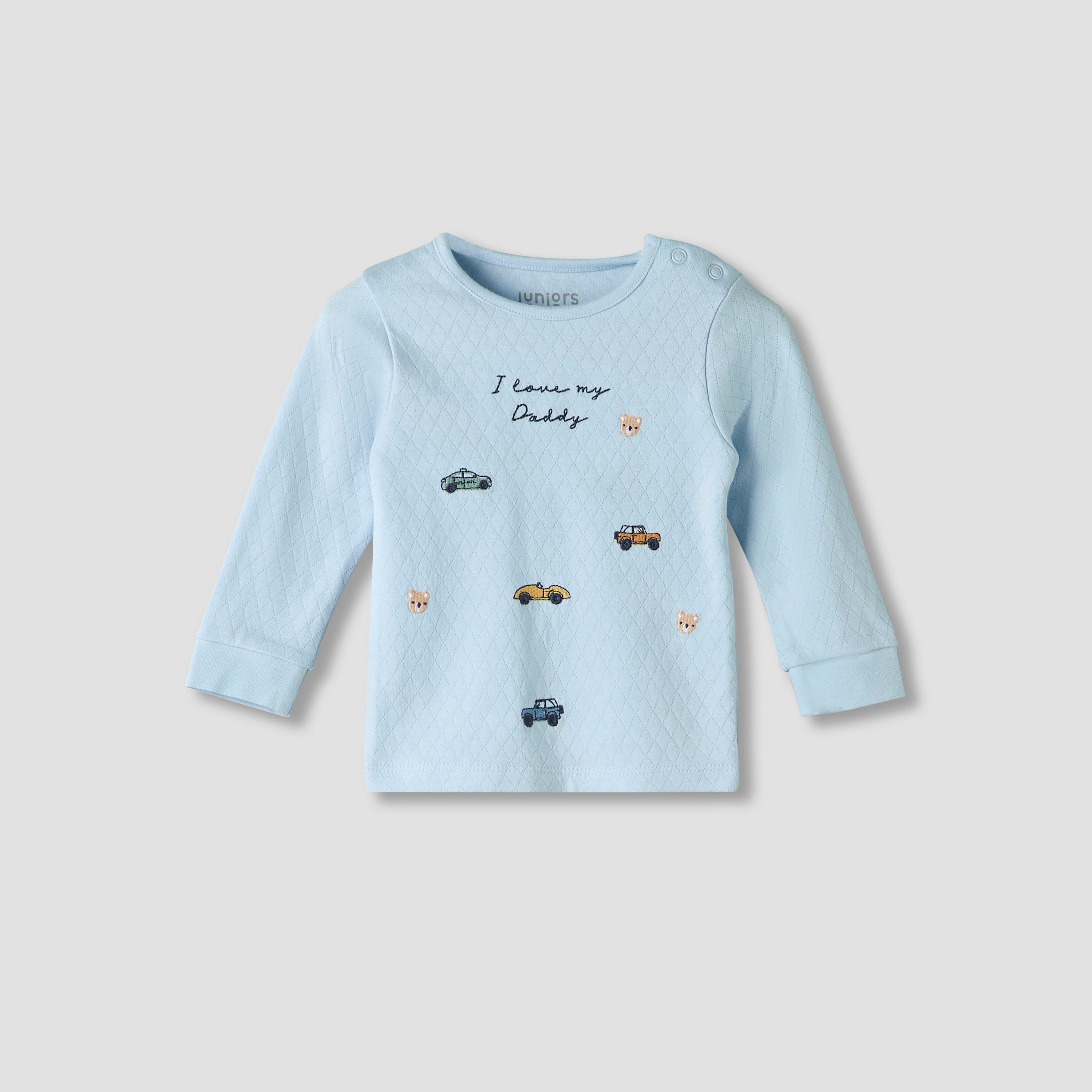 Juniors Cotton Crew Neck Long Sleeves Pyjama Set with Car Embroidery