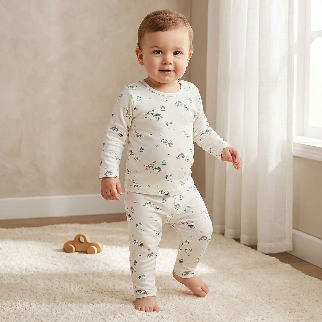 Juniors Dinosaur Print T-Shirt and Pyjama Set - White / 18-24 mths