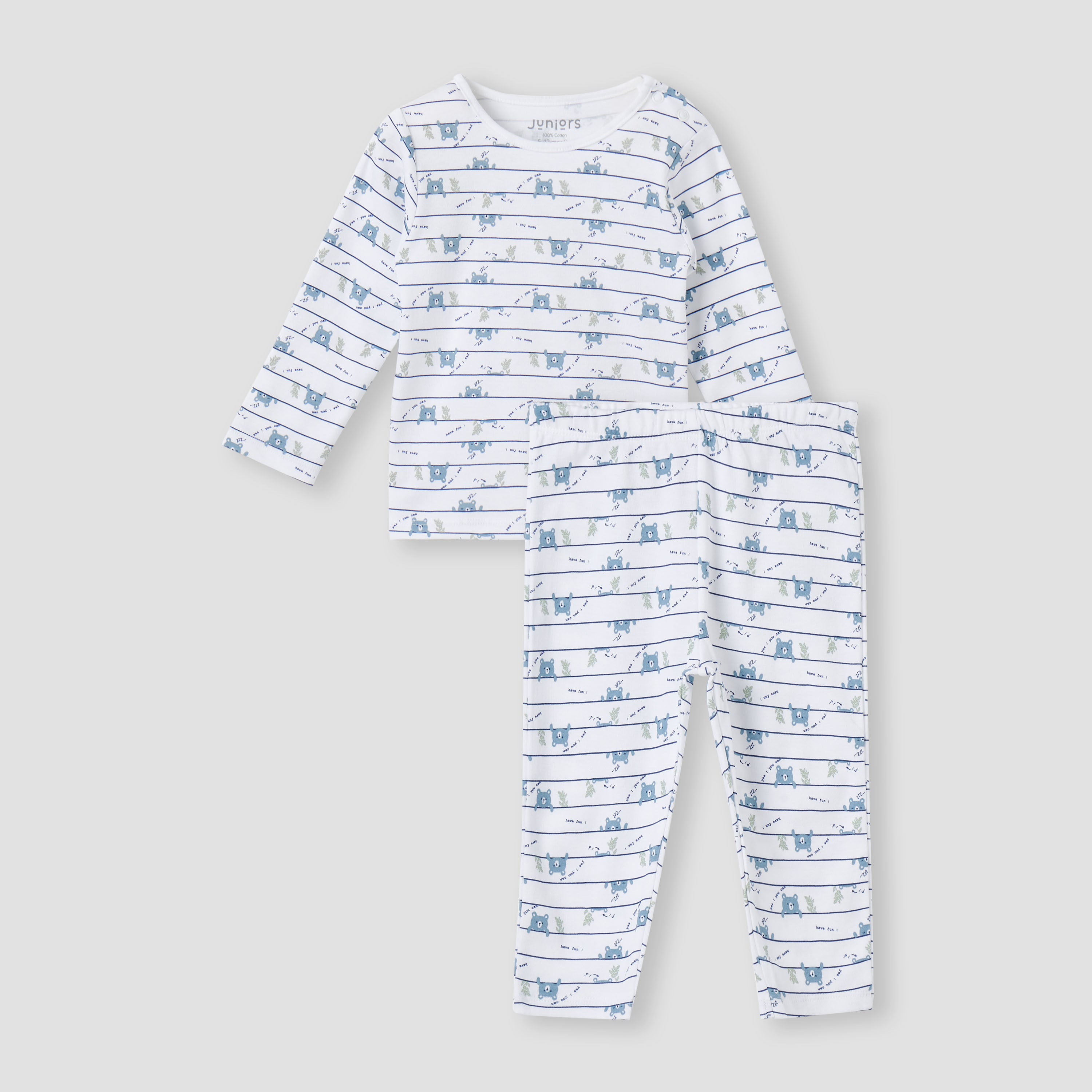 Juniors All-Over Bear Print T-shirt and Pyjama Set - White / 12-18 mths