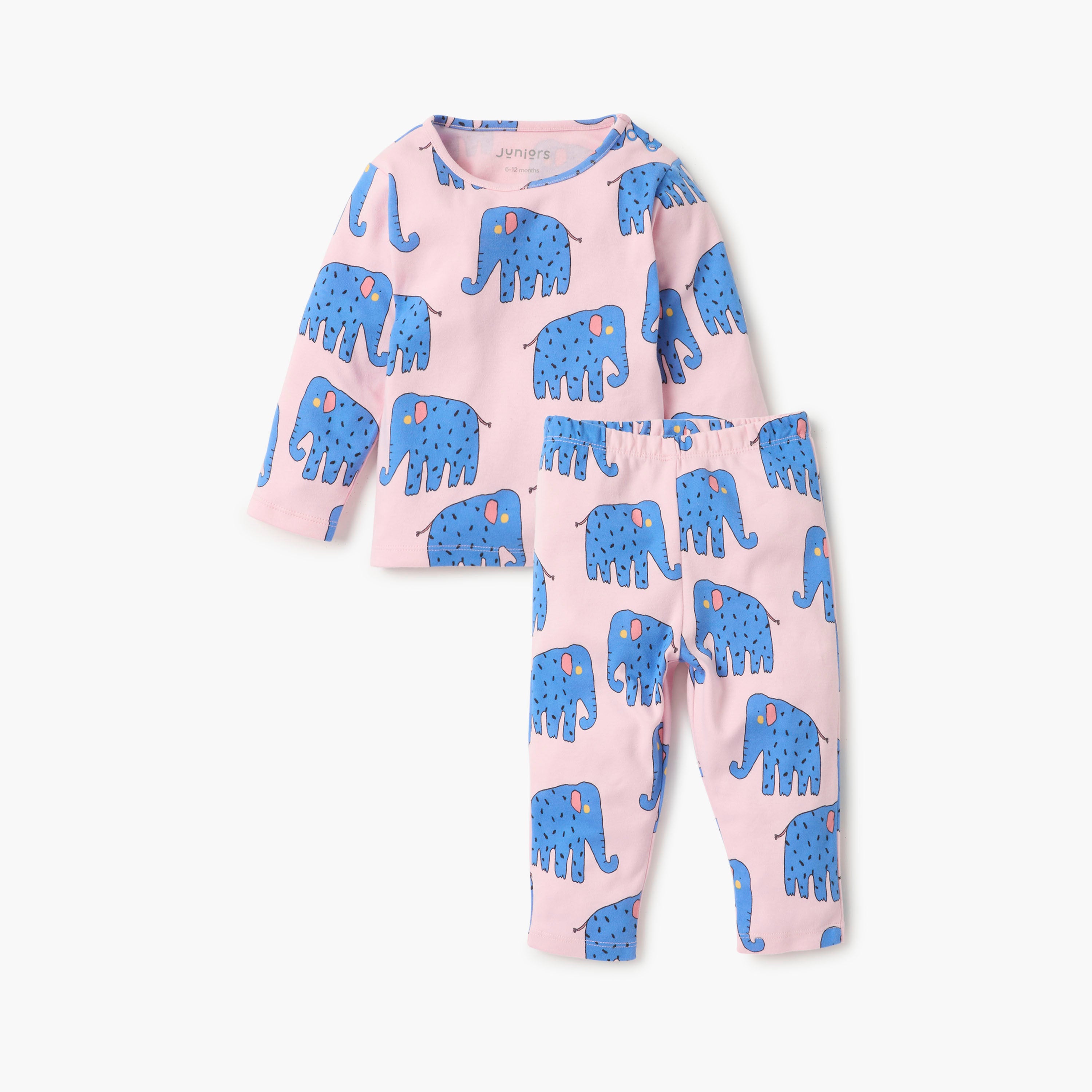 Juniors Elephant Print T-shirt and Pyjama Set - Pink / 12-18 mths