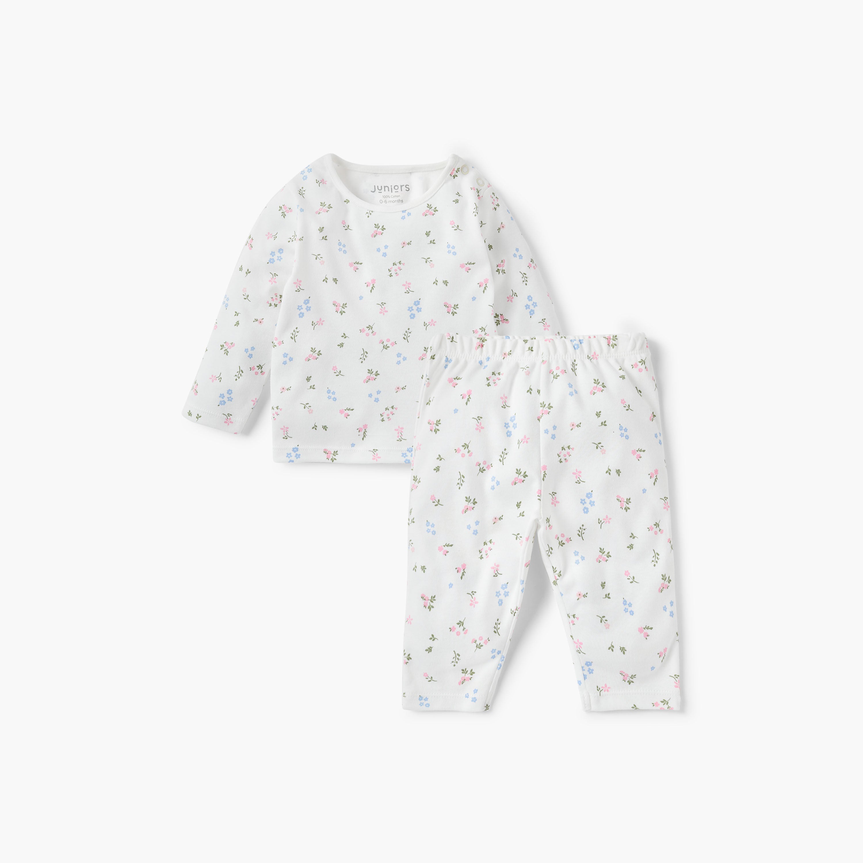 Juniors Floral Print T-shirt and Pyjama Set - White / 12-18 mths
