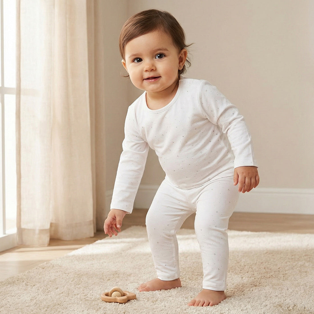 Juniors Solid Long Sleeves T-shirt and Pyjama Set - White / 18-24 mths