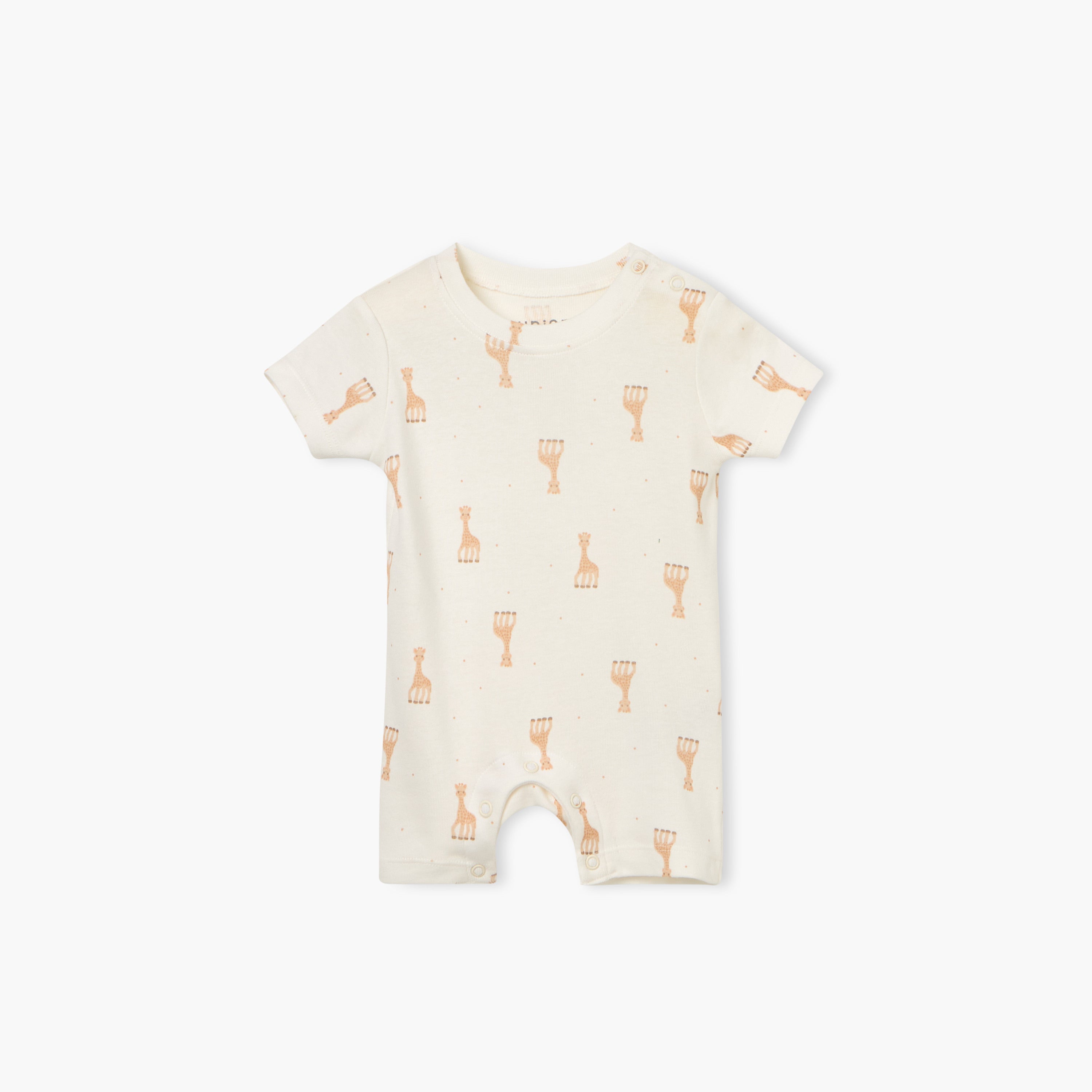 Juniors Giraffe Print Romper with Short Sleeves and Button Closure