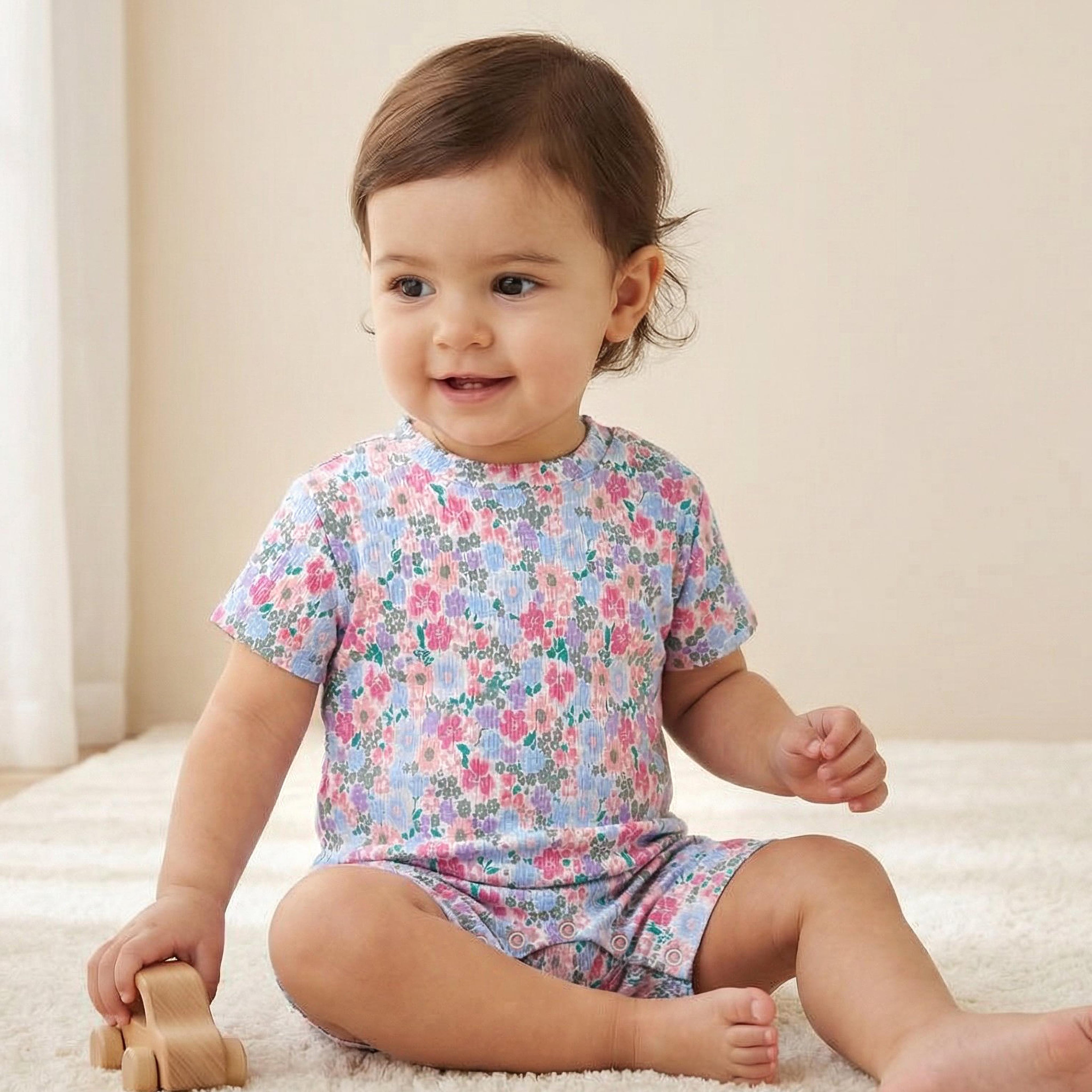 Juniors Floral Print Romper with Short Sleeves and Button Closure