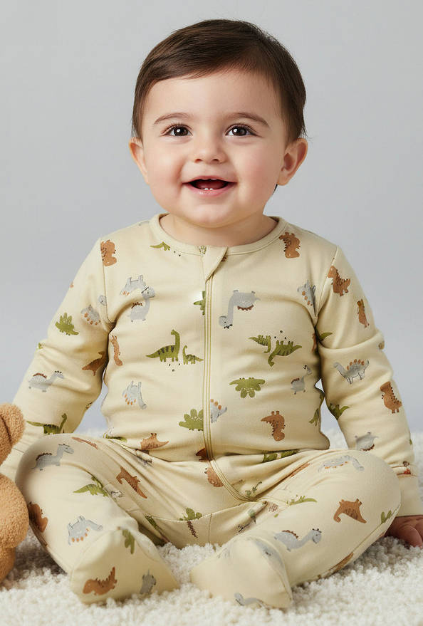 Juniors Cotton Round Neck Long Sleeves Sleepsuit with Dinosaur Print