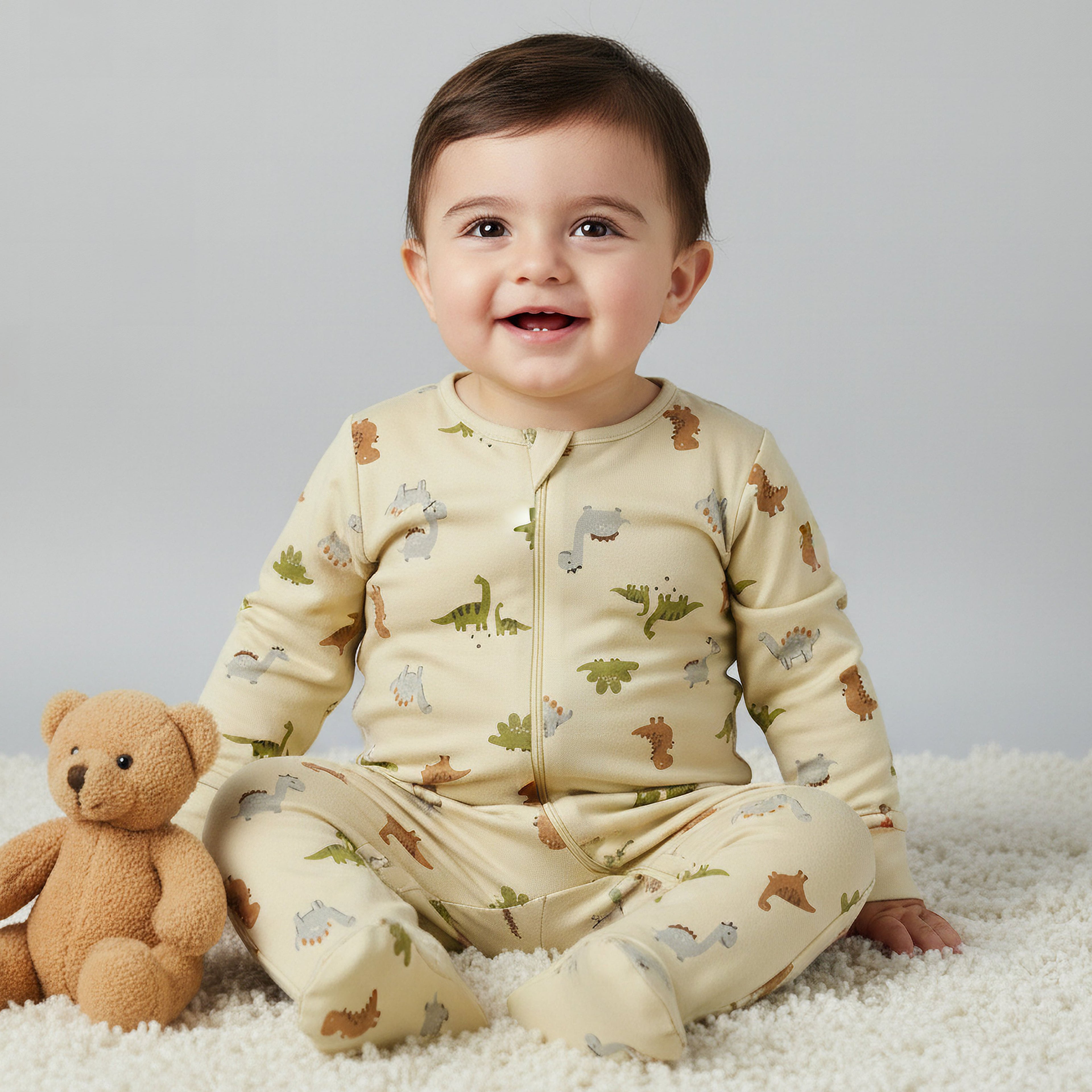 Juniors Cotton Round Neck Long Sleeves Sleepsuit with Dinosaur Print - Beige / 12-18 mths