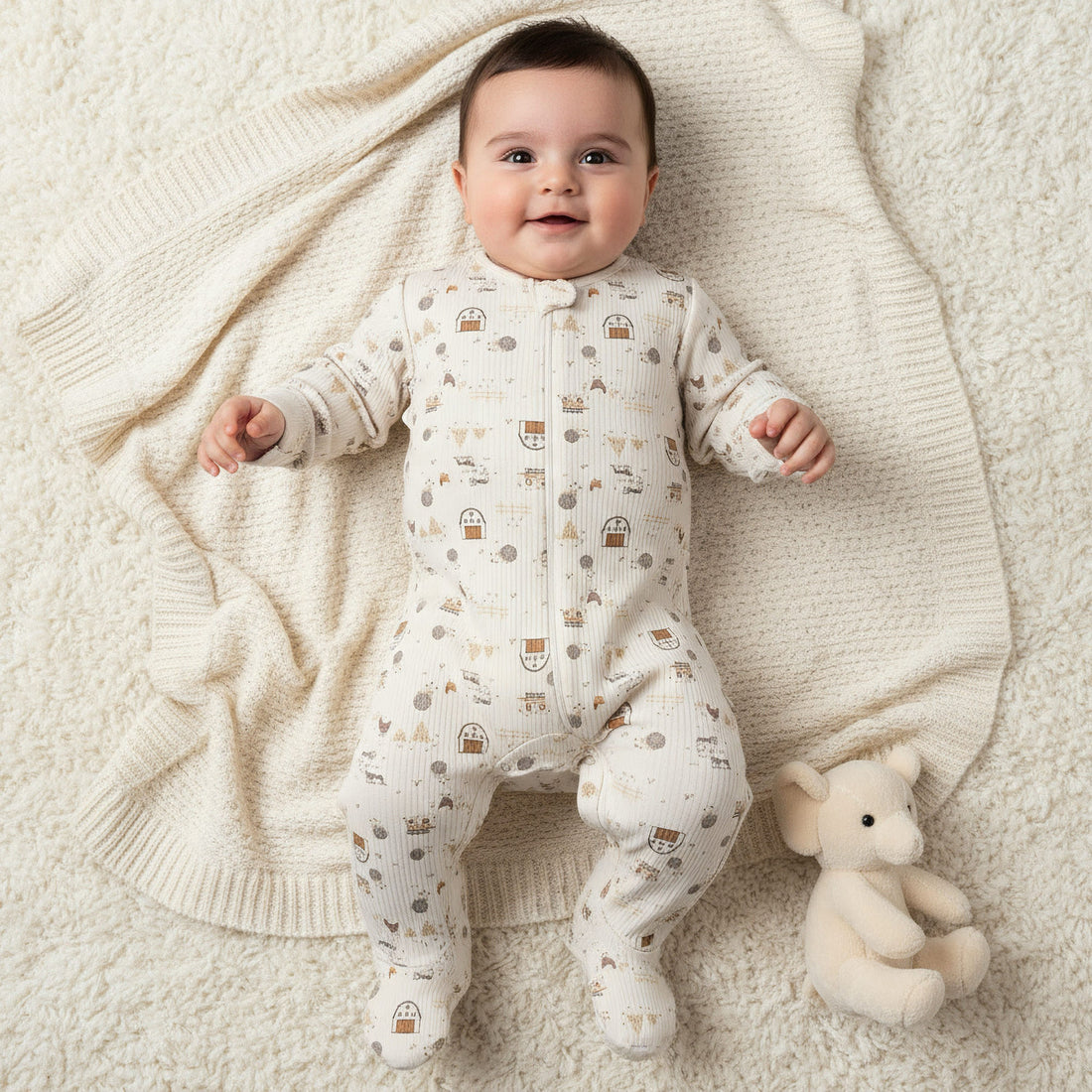 Juniors Cotton Round Neck Long Sleeves Sleepsuit with Farm Print - Cream / 12-18 mths