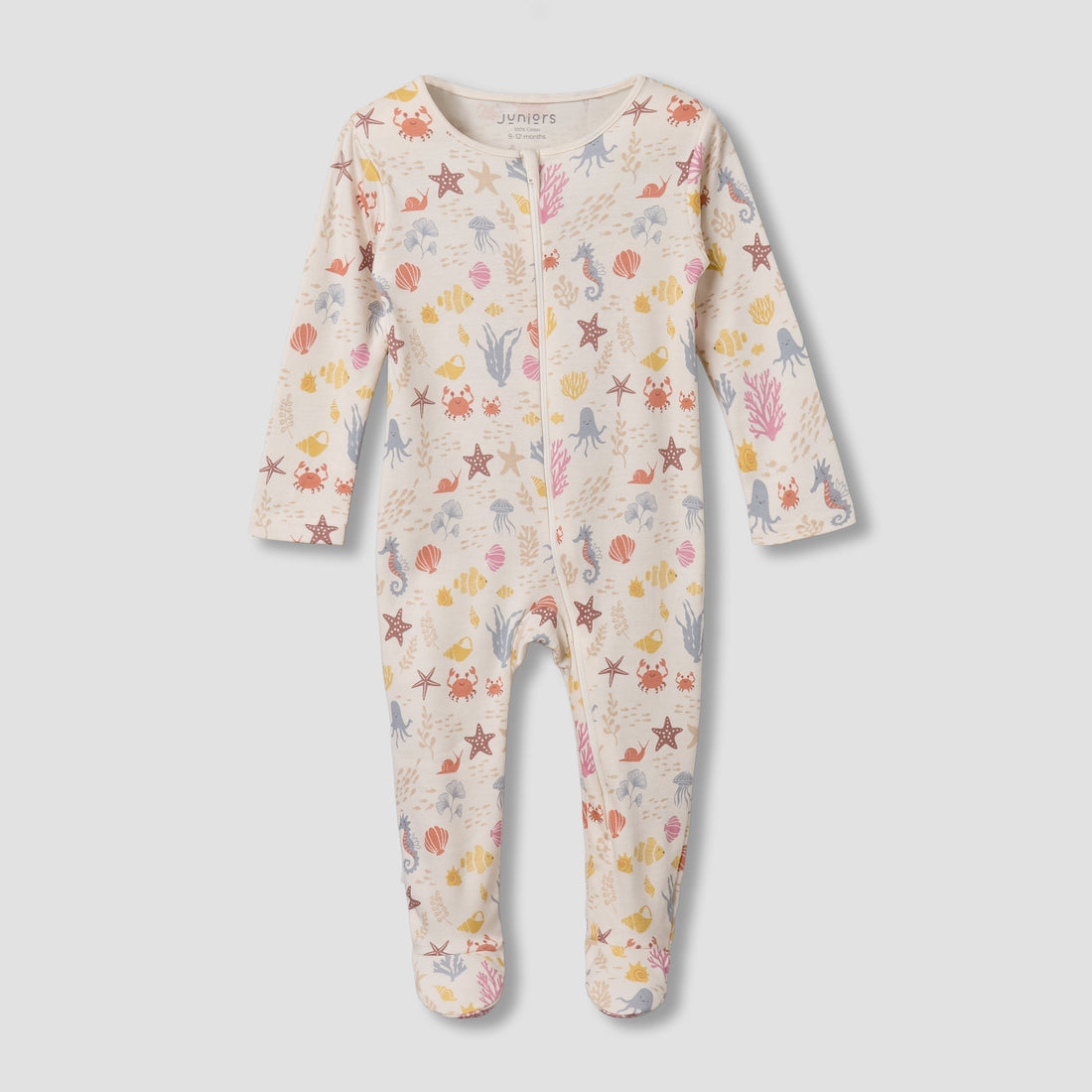 Juniors Cotton Round Neck Long Sleeves Sleepsuit with Underwater Print - Cream / 12-18 mths