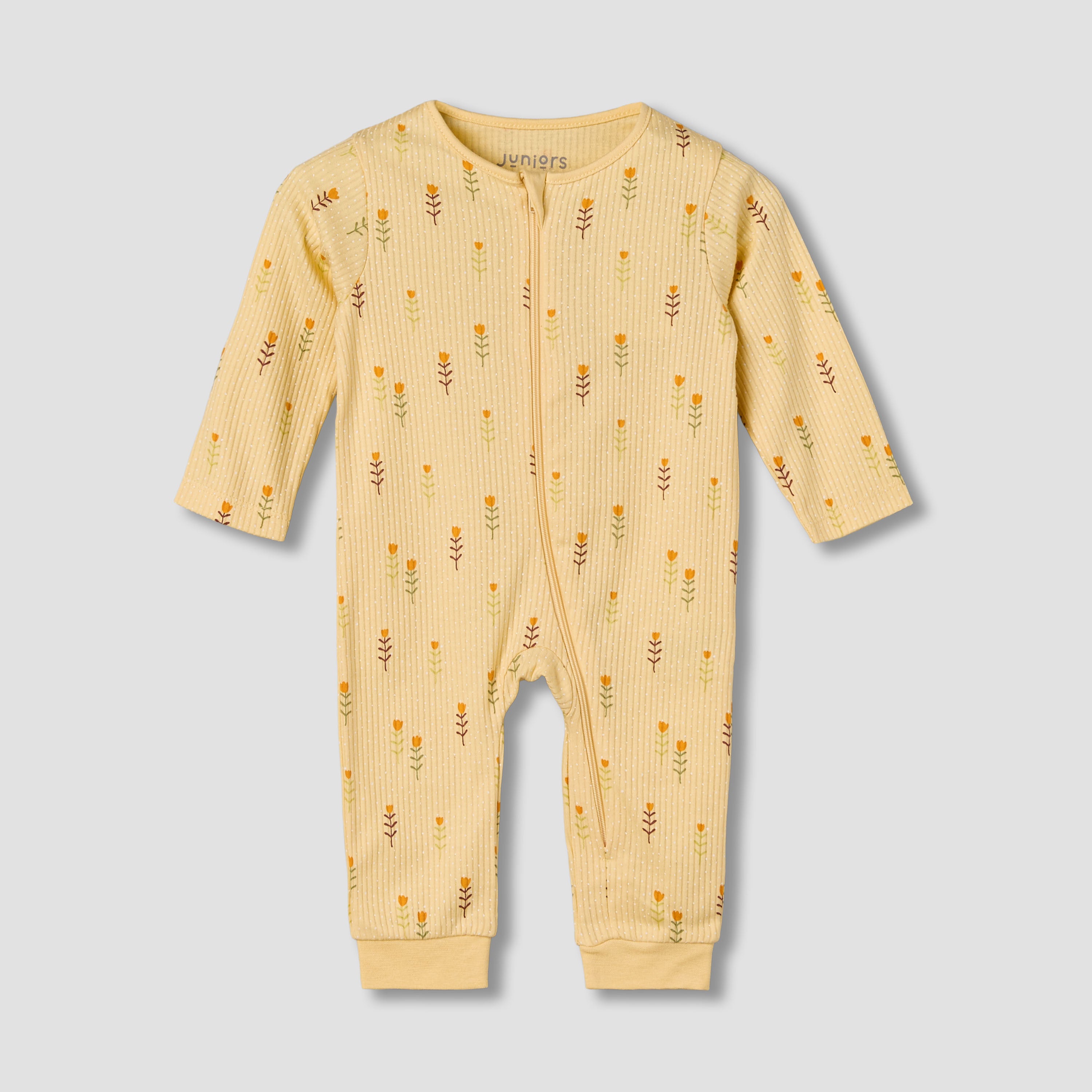 Juniors Cotton Round Neck Long Sleeves Sleepsuit with Floral Print - Yellow / 12-18 mths