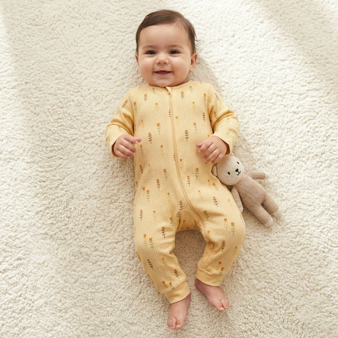 Juniors Cotton Round Neck Long Sleeves Sleepsuit with Floral Print - Yellow / 12-18 mths