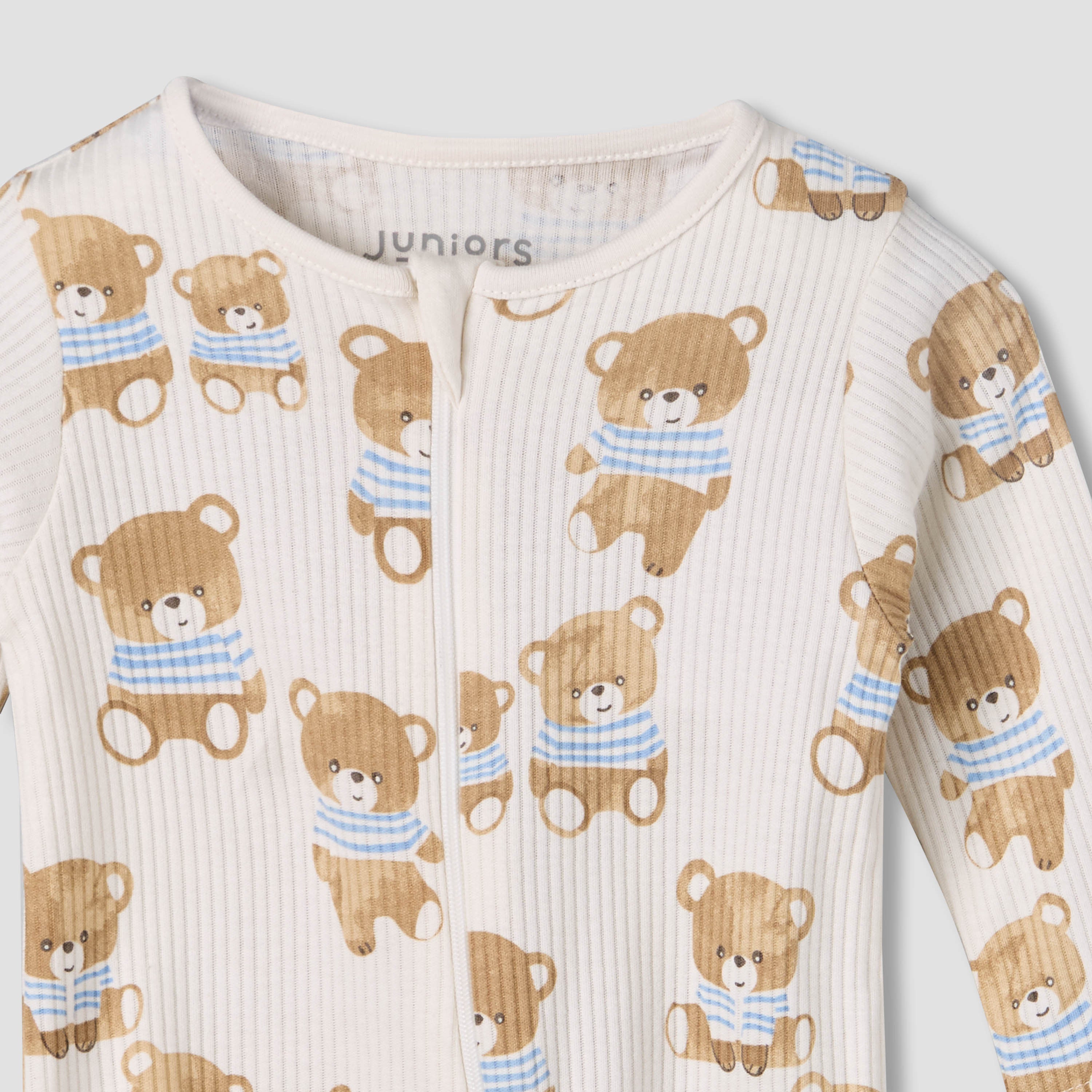 Juniors Cotton Round Neck Long Sleeves Sleepsuit with Bear Print