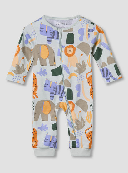Juniors Cotton Round Neck Long Sleeves Sleepsuit with Safari Print-baby-boys-clothing-nightwear-sleepsuits-image-2