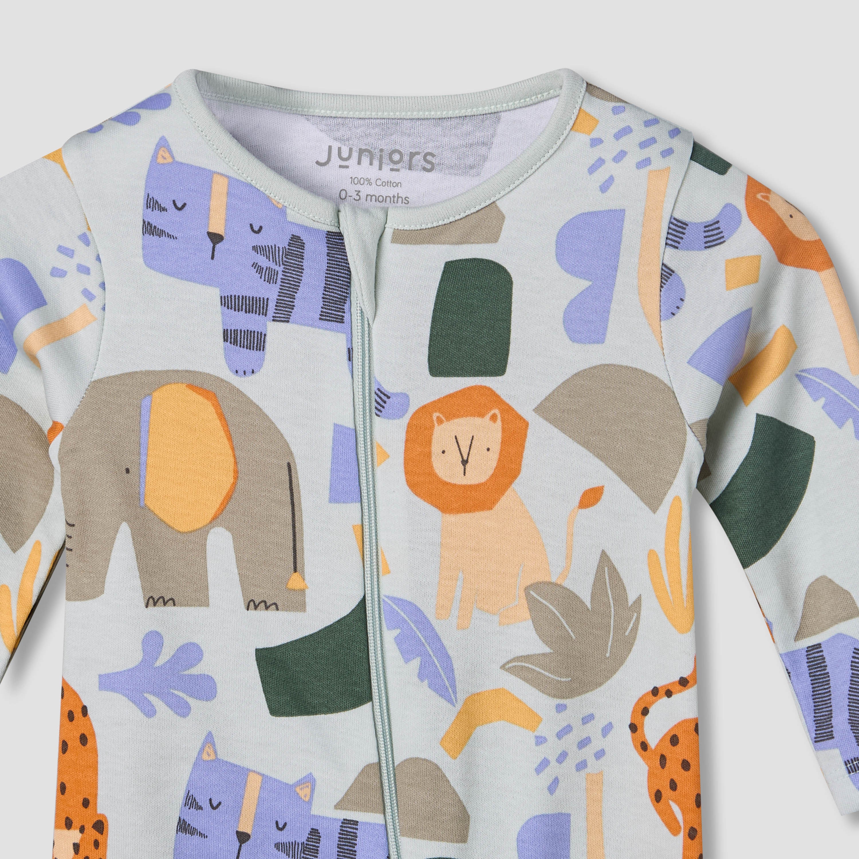 Juniors Cotton Round Neck Long Sleeves Sleepsuit with Safari Print