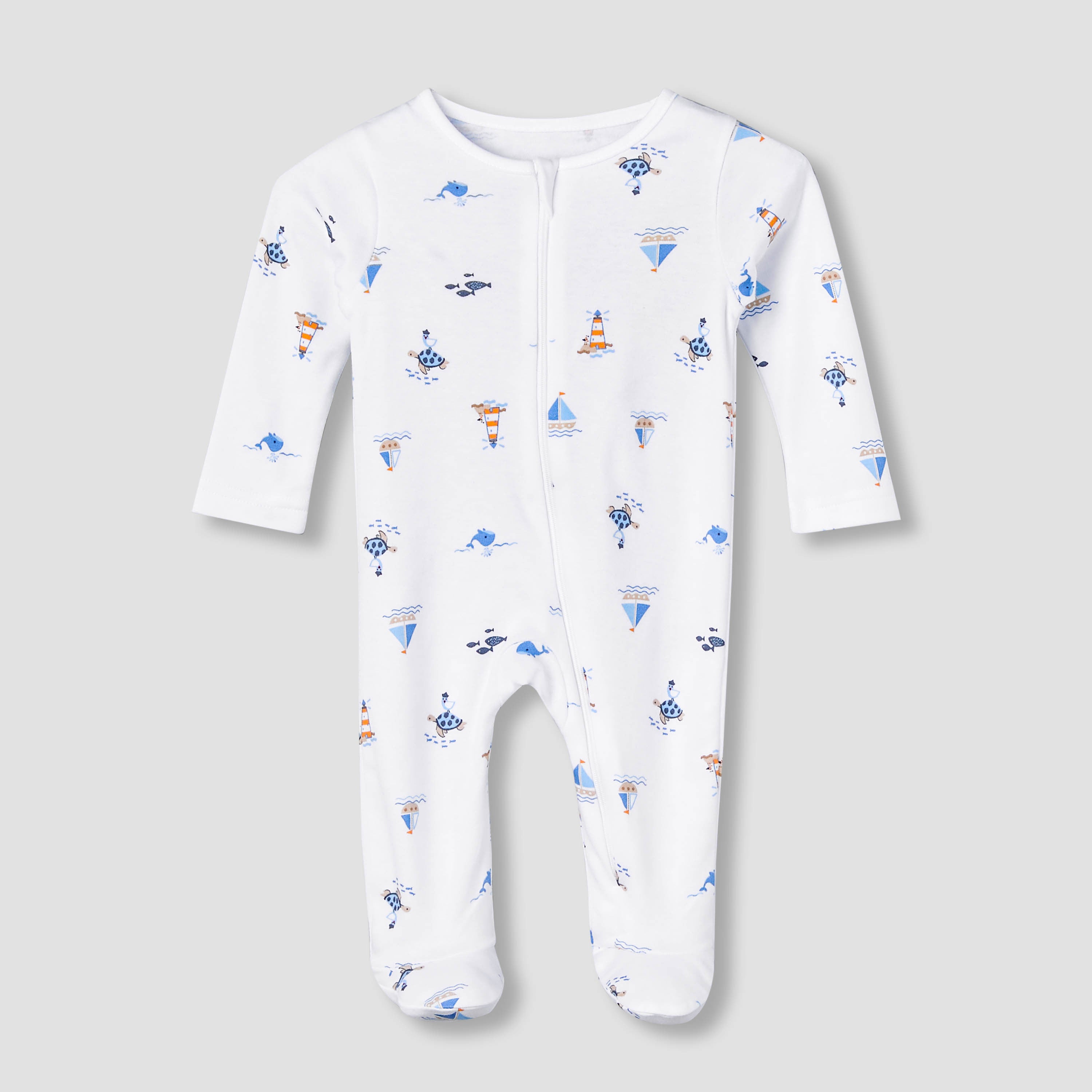 Juniors Cotton Round Neck Long Sleeve Sleepsuit with Zip Closure - White / 9-12 mths