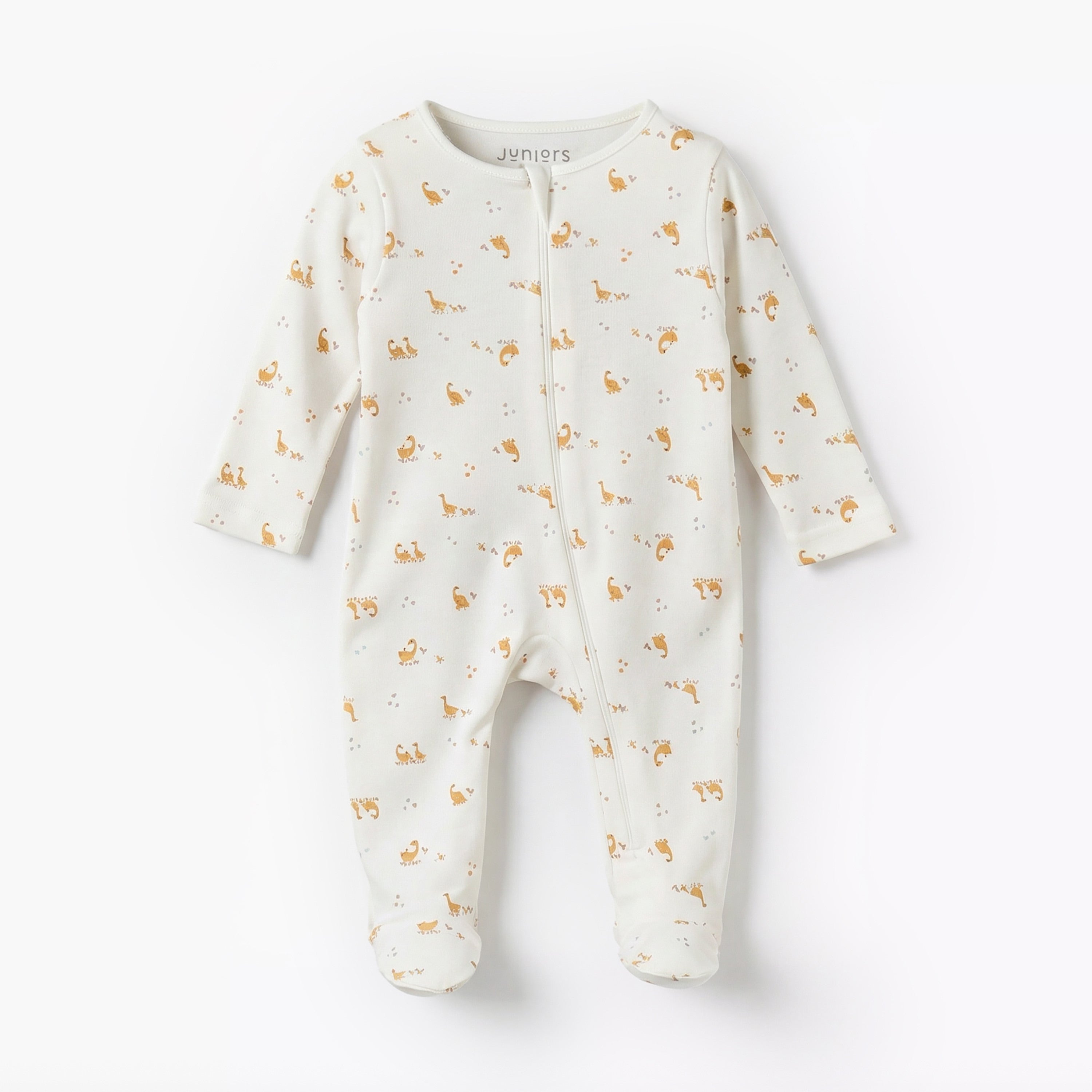 Juniors Cotton Round Neck Long Sleeves Sleepsuit with Goose Print - White / 12-18 mths